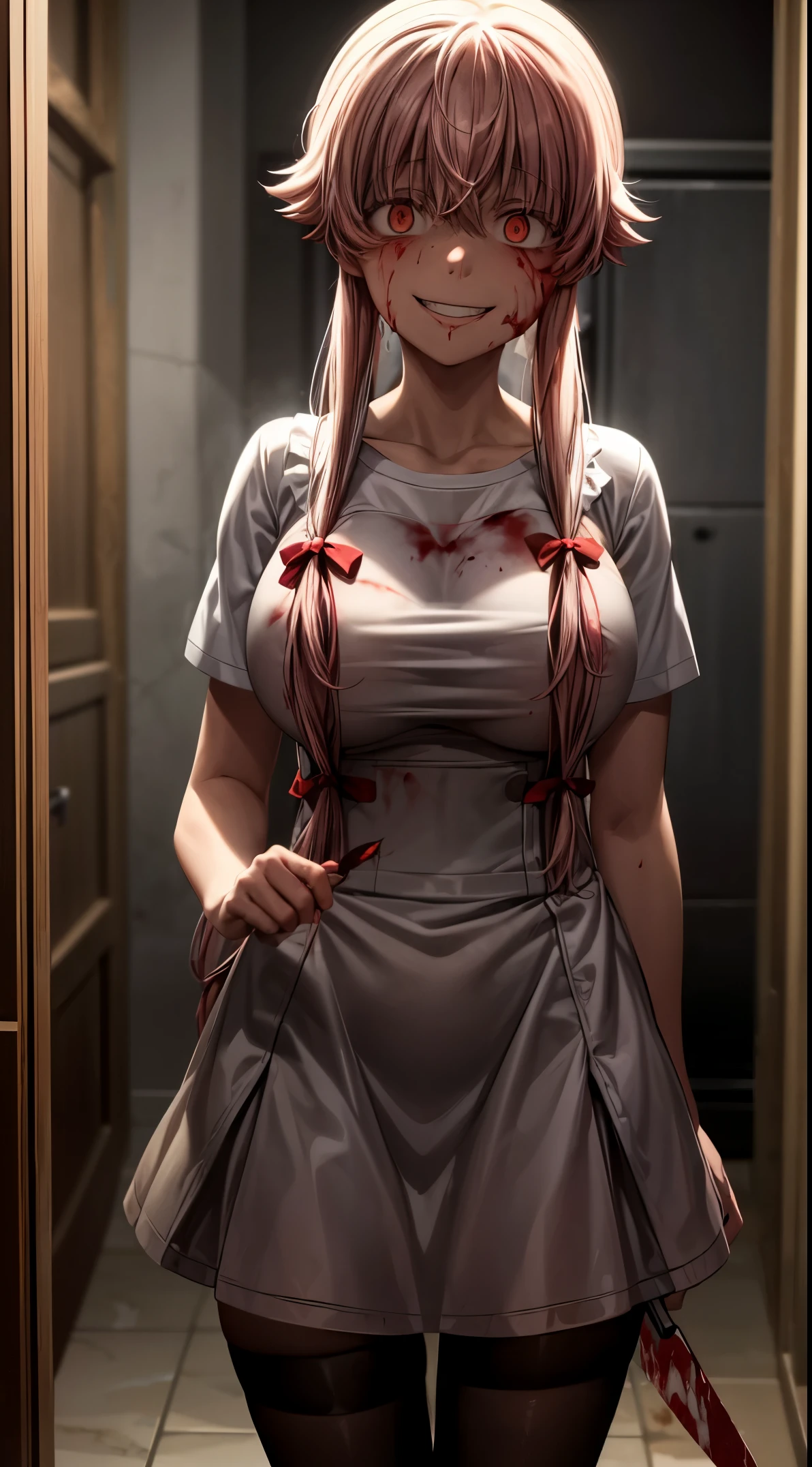 Yuno Gasai,1girl,solo,(large breasts:1.5),blood on clothes,holding knife,holding,blood,kitchen knife,knife,kitchen,looking at viewer,dress,red eyes,sink,blood on knife,indoors,white dress,short sleeves,blood on weapon,bangs,blood splatter,closed mouth,holding weapon,blood on face,glowing eyes,weapon,cleaver,standing,tile wall,stove,(dark:1.5),cabinet,cutting board,glowing,blood on hands,blood stain,cowboy shot, eyes, (crazy eyes:1.6). (Crazy smile:1.6)POV