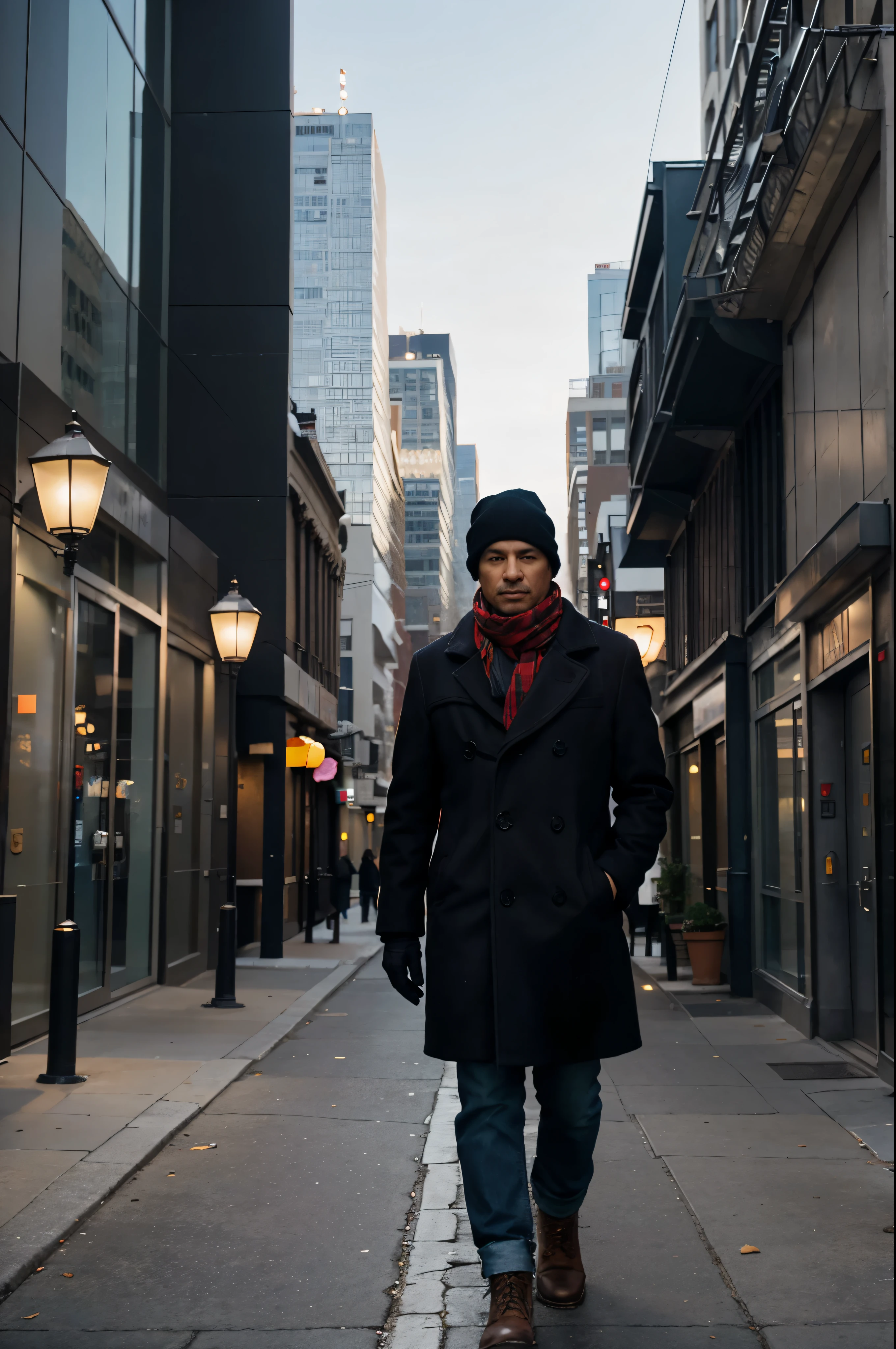 Photograph of a man in his 40s, wearing a black coat, blue sweater, jeans, boots, red scarf, woolen gloves, and winter hat. Latino skin tones. Background: Dawn in the city center, tall buildings, no cars. Shot: General. Camera: DSLR. Film: Digital. Lens: Standard (50 mm). Lighting: Soft natural light at dawn.
