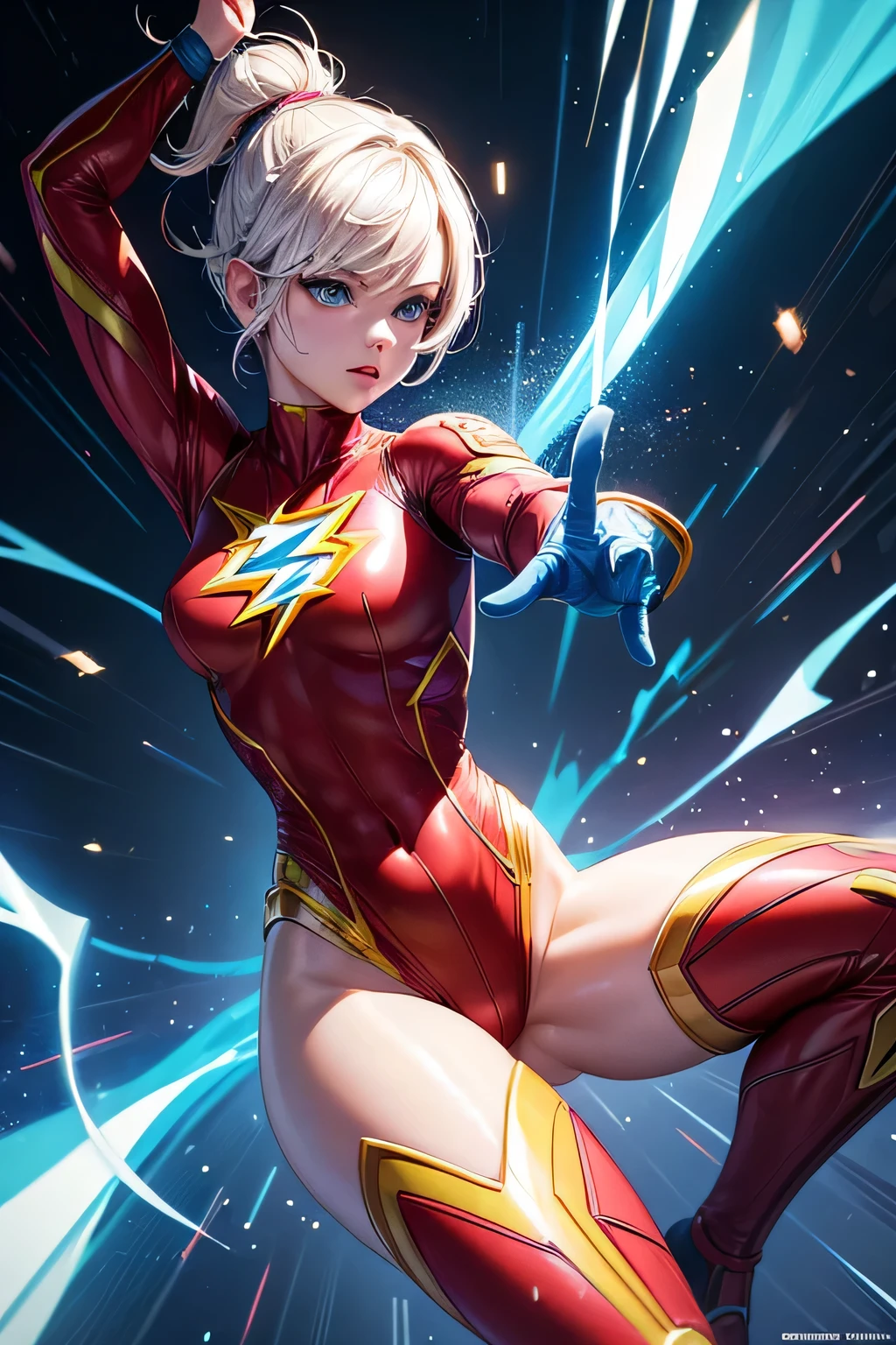Superhero girl Flash, combat stance, highly detailed, sexi, revealing, vibrant appearance, creative behavior, extremly detailed, imaginative, , spontaneous, highest quality, skin texture, intricate details, (cinematic lighting), RAW photo, 8k, masterpiece,best quality,ultra-detailed,very detailed illustrations,extremely detailed,intricate details,highres,super complex details,extremely detailed 8k cg wallpaper,