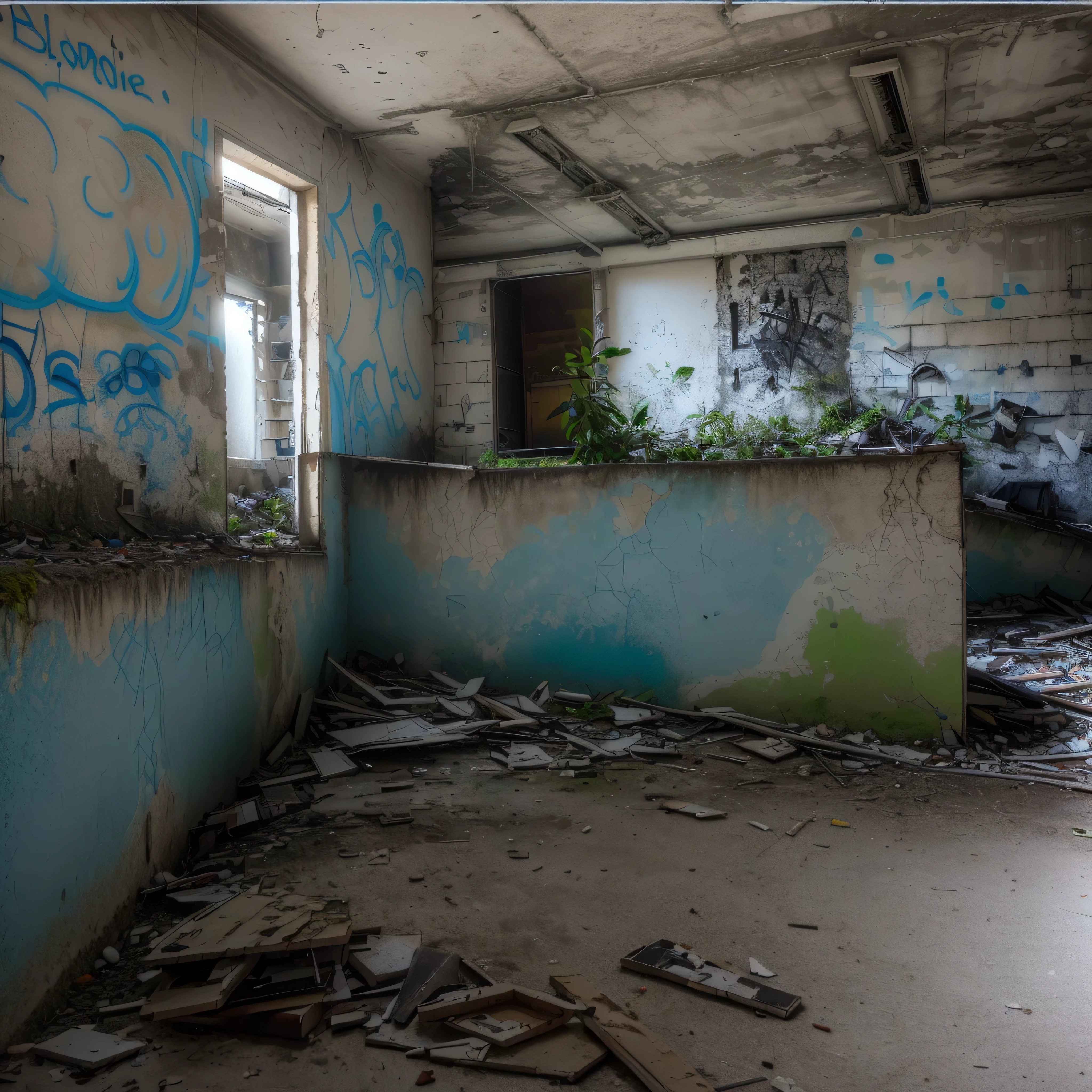 graffitis sur le mur d&#39;un bâtiment abandonné avec une porte ouverte, dans un immeuble de bureaux abandonné,  exploration, Urbex, Graffiti dans un bunker abandonné, bâtiments vides avec de la végétation, Pris avec un pentax1000, Pris avec un Pentax K1000, dans un entrepôt abandonné, dans une maison abandonnée, photo d&#39;un endroit perdu, endroit envahi par la végétation