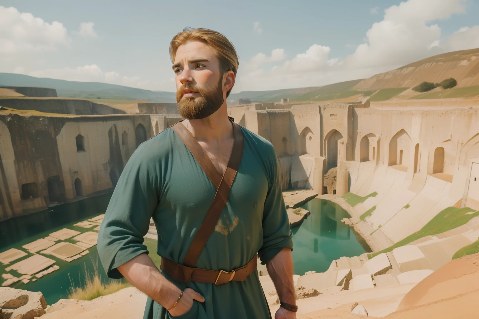 1137, England. otherworldly scene in a medieval rock quarry, ((((36-year-old)) bearded Chris Evans)), looking ar the quarry where ((dozens of people)) work on rock extraction, ((((poor plain tunic from the 12th century)))), ((Hairstyle of the 12th century)), ((Wes Anderson cinematic style)), colorful