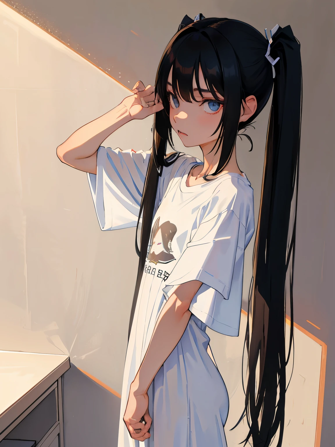 (masterpiece,Highest Quality),(),((Long T-shirt,Thin dress)),(A dark-haired,long twintail),sleepy expression,Delicate body