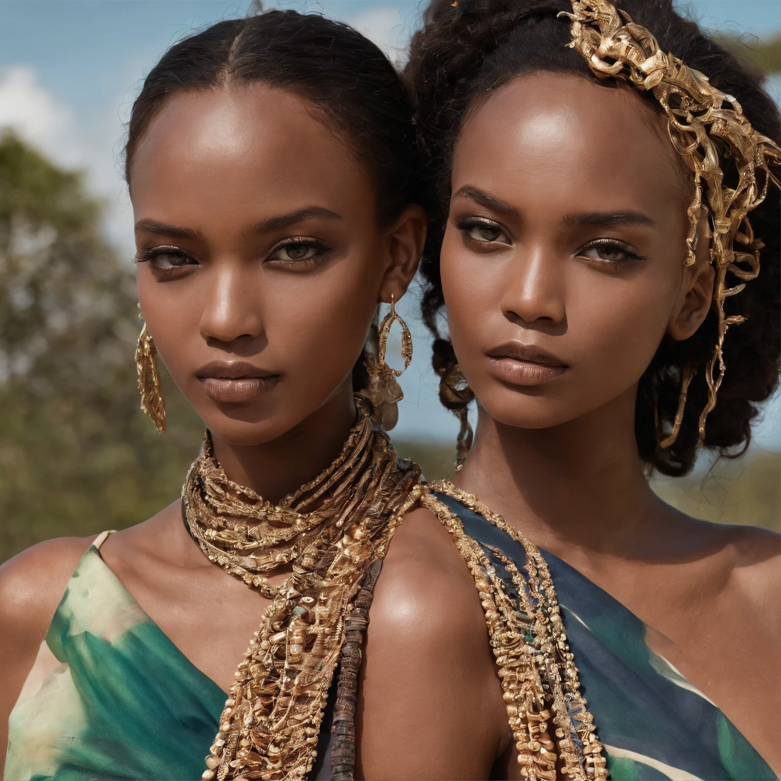 2girls, Kenyan models, dressed in a long sarong , jewellery