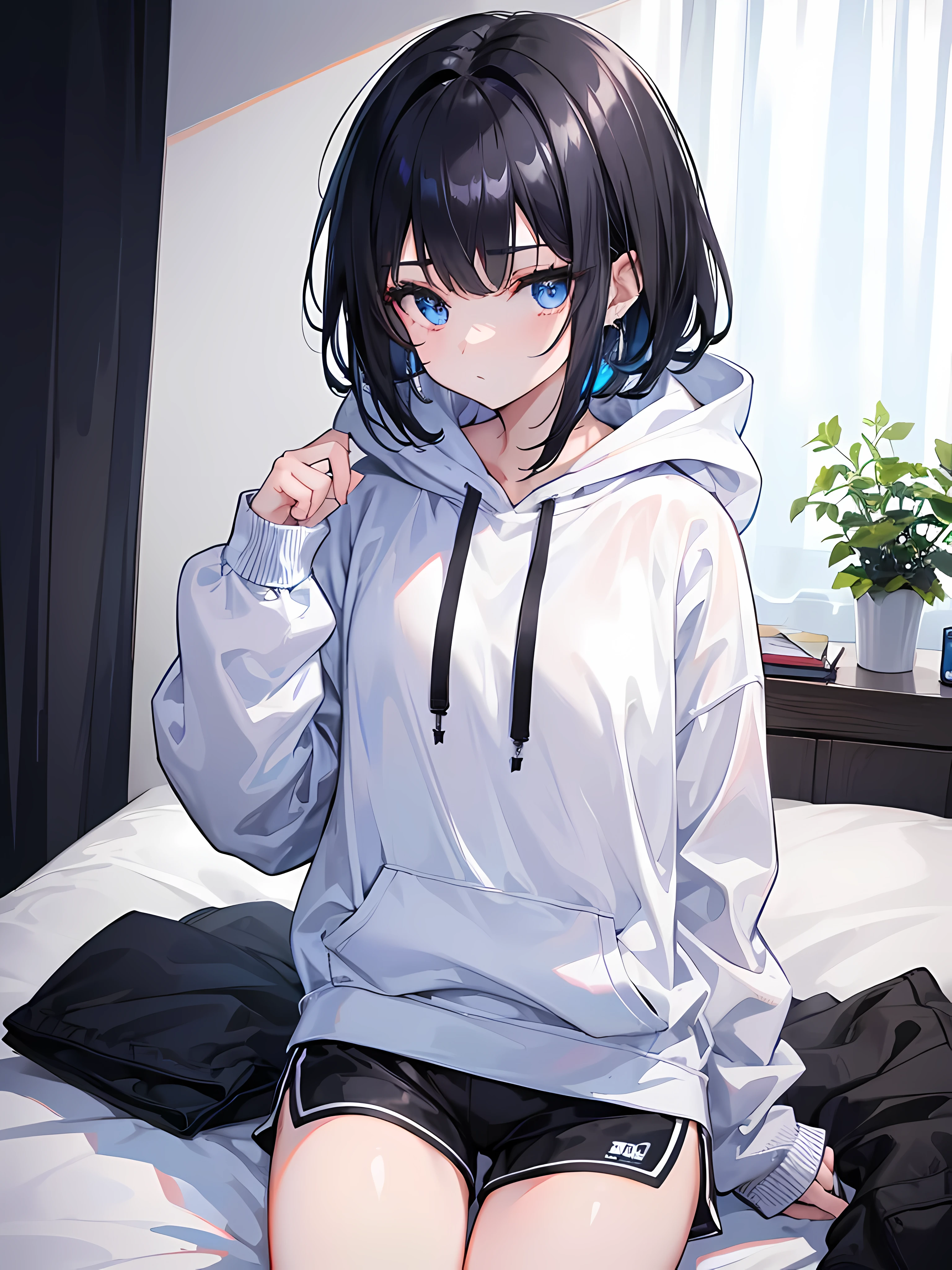1girl, short black hair, blue eyes, wearing white plain hoodie, black sport shorts, bedroom, absurdres, high res, ultrasharp, 8K, masterpiece, looking at viewer