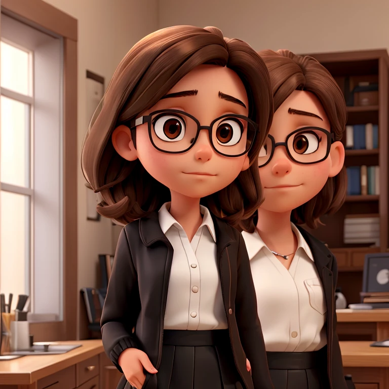 1girl, medium-length brown hair, brown eyes, glasses, open forehead, black jacket, white shirt, black skirt, uncertain look, says