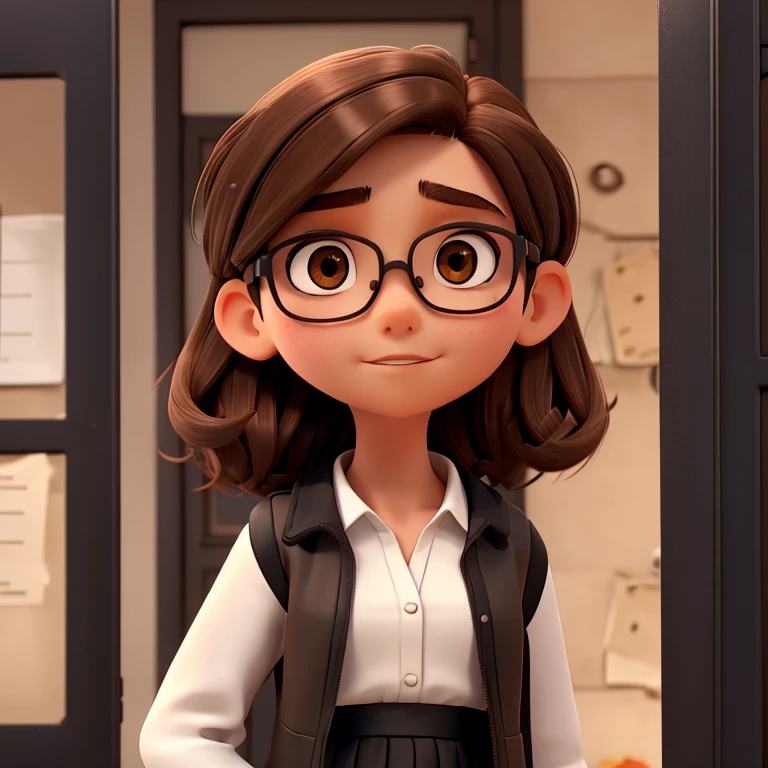 1girl, medium-length brown hair, brown eyes, glasses, open forehead, black jacket, white shirt, black skirt, uncertain look, says