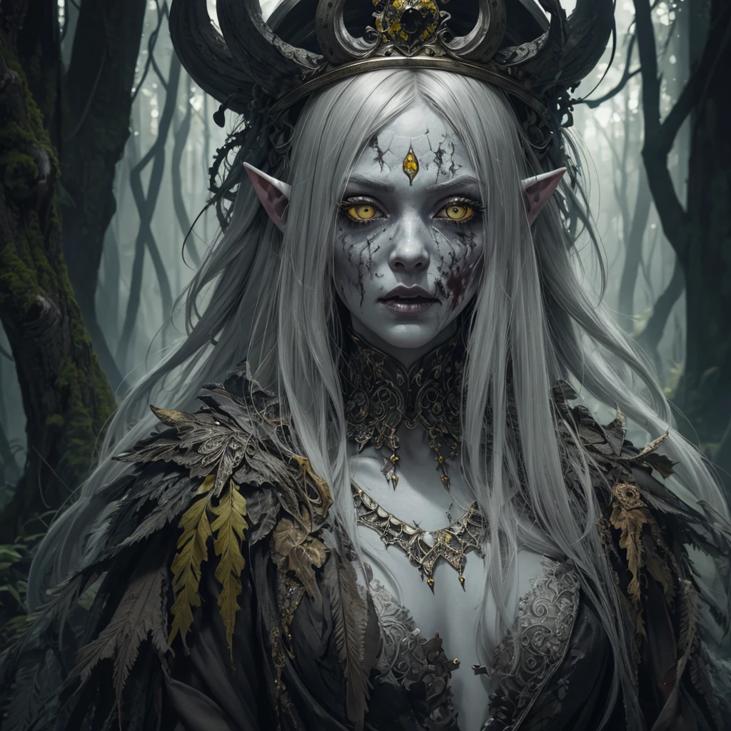 zombie woman with gray skin and yellow eyes deep depth, hyperintricate fantasy portrait, hyperrealistic, DSLR HDR, 64 megapixels | elven drow | gorgeous king fairytale forest maximalist