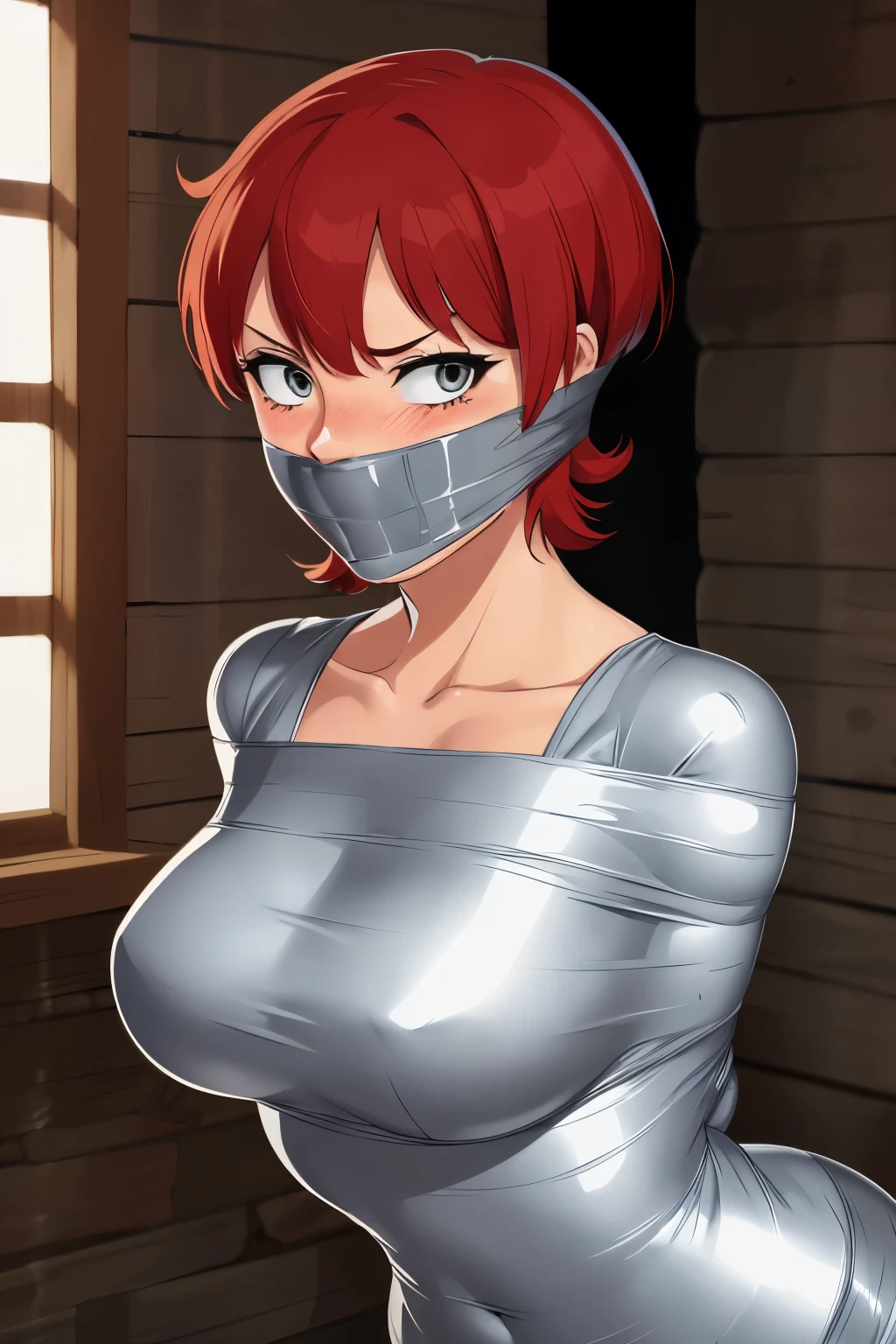 1girl, mummified, gagged, silver duct tape, off shoulder, bending over, arms behind back, red hair, short hair, blushing, big chest, slim, improvised gag, tape gag, gagged, duct tape, tape bondage