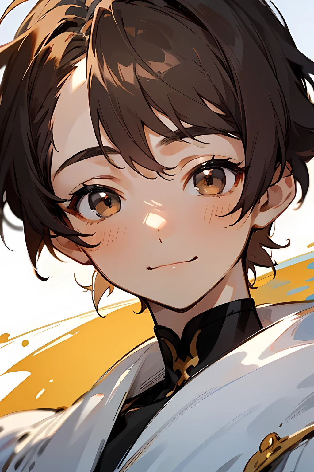 1 Boy - 150 cm - 10 year old - dark brown eyes - dark brown hair- u - village - the sun shining -((best quality)), ((masterpiece)), (detailed), perfect face (cute and hot) - faint smile - pale white skin -