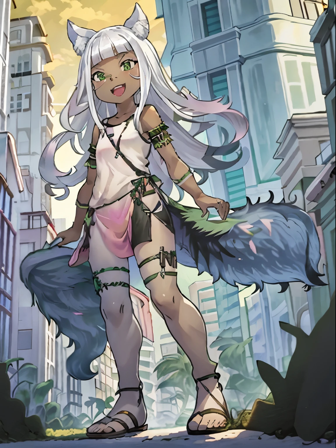 Ochette, girl, dark skin, white hair, green eyes, giantess, huge, small viewer, 70 ft tall, cute, full body, best quality, pink dress, metal bracelets, larger than buildings, flat ground, street, ground visible, black shorts, wearing shorts, adorable, kind, gentle, empty hands, small build, slim, smiling, detailed mouth, size difference, standing over skyscrapers, sandals, tiny city, socks, loose clothes, perfect proportions, wolf tail