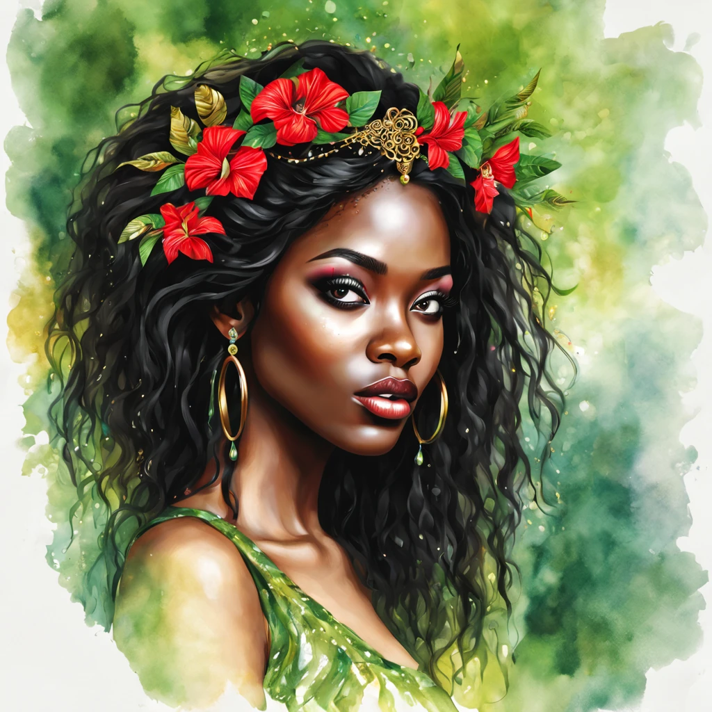 Beautiful African girl in a jungle, luxury makeup, long hair, beautiful, bohemian, realistic, fantasy, flowers, red, black, green, white, gold, gems, drops, swirls, filigree, octane, brightly, Large