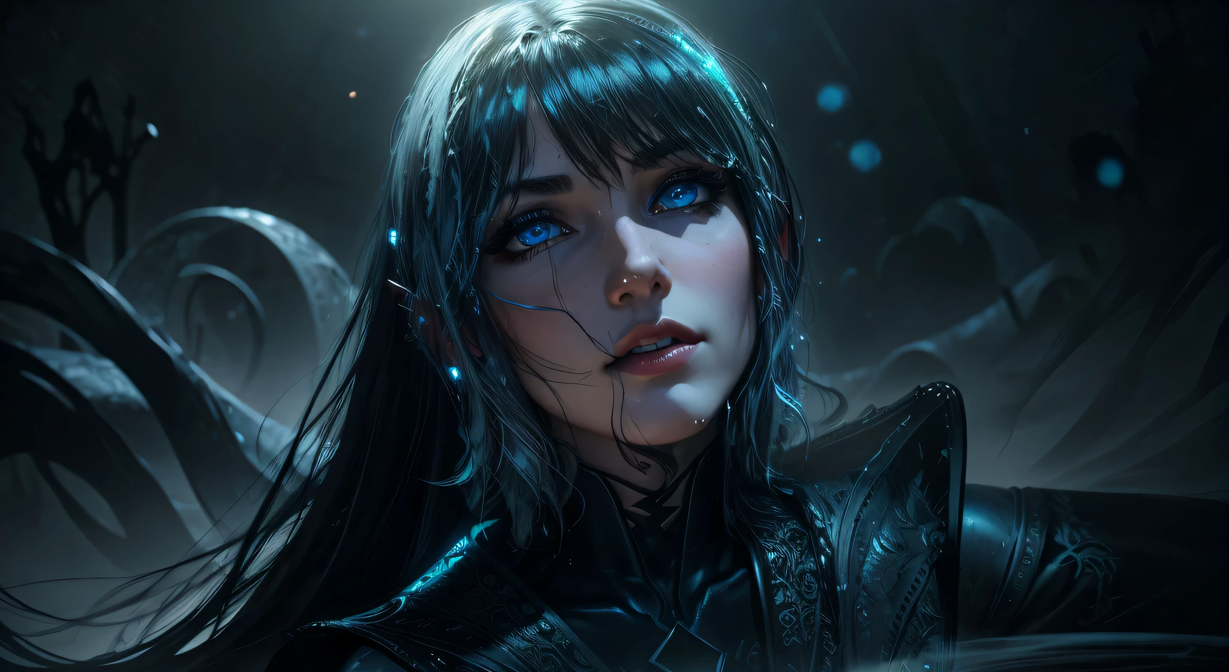 (photo realism, Best Quality, High Details, hight resolution:1.2, Masterpiece, 4k), (Dark Fantasy Illustration:1.portrait of a beautiful elven woman, ((surrounded by black fog, I'I атакую со всех сторон)), Messy long black hair, , beatiful face, Hourglass body, Cyan eyes, gloweyes)), elegant, Intricate , (finely detailed beautiful eyes: 1.2), the perfect body, looking a viewer, enchanting gaze,, full-length portrait, Cinematic lighting, space and stars in the background, purple tones, ((low key light)), Turning off the lights, Super detailed, ultra realisic, digital photography