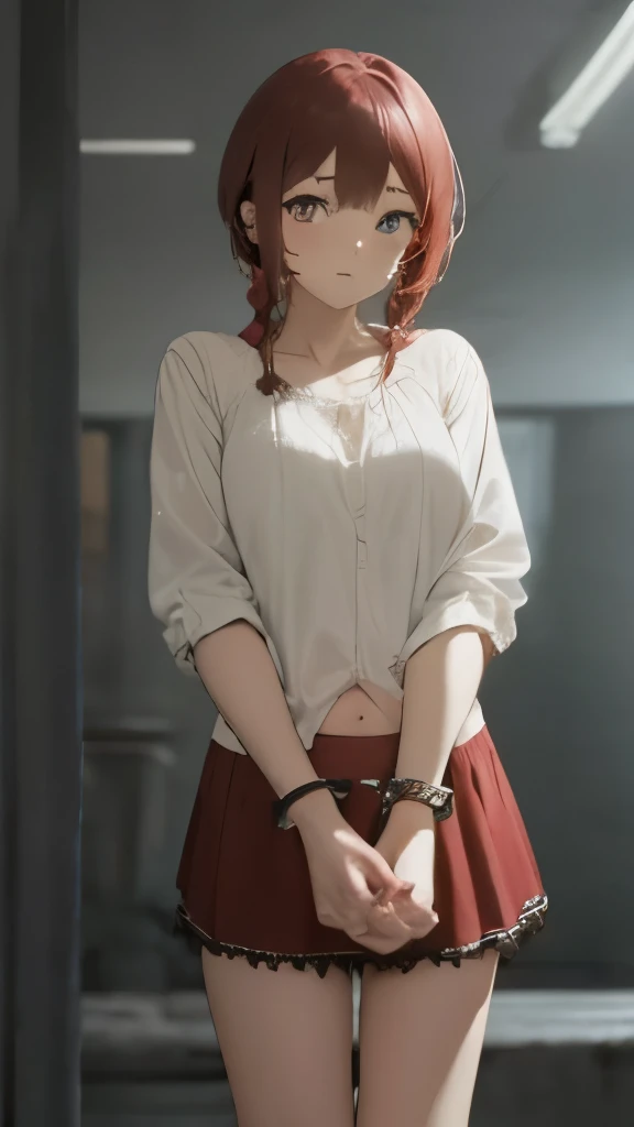 Masterpiece, full length image,((( red-haired girl in handcuffs))), short lace skirt, blouse with deep neckline, high-heeled sandals, open belly, braids