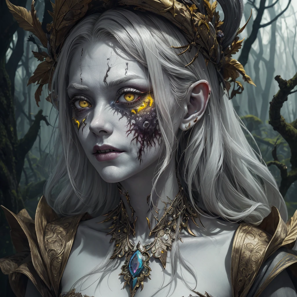 zombie woman with gray skin and yellow eyes deep depth, hyperintricate fantasy portrait, hyperrealistic, DSLR HDR, 64 megapixels | elven drow | gorgeous king fairytale forest maximalist