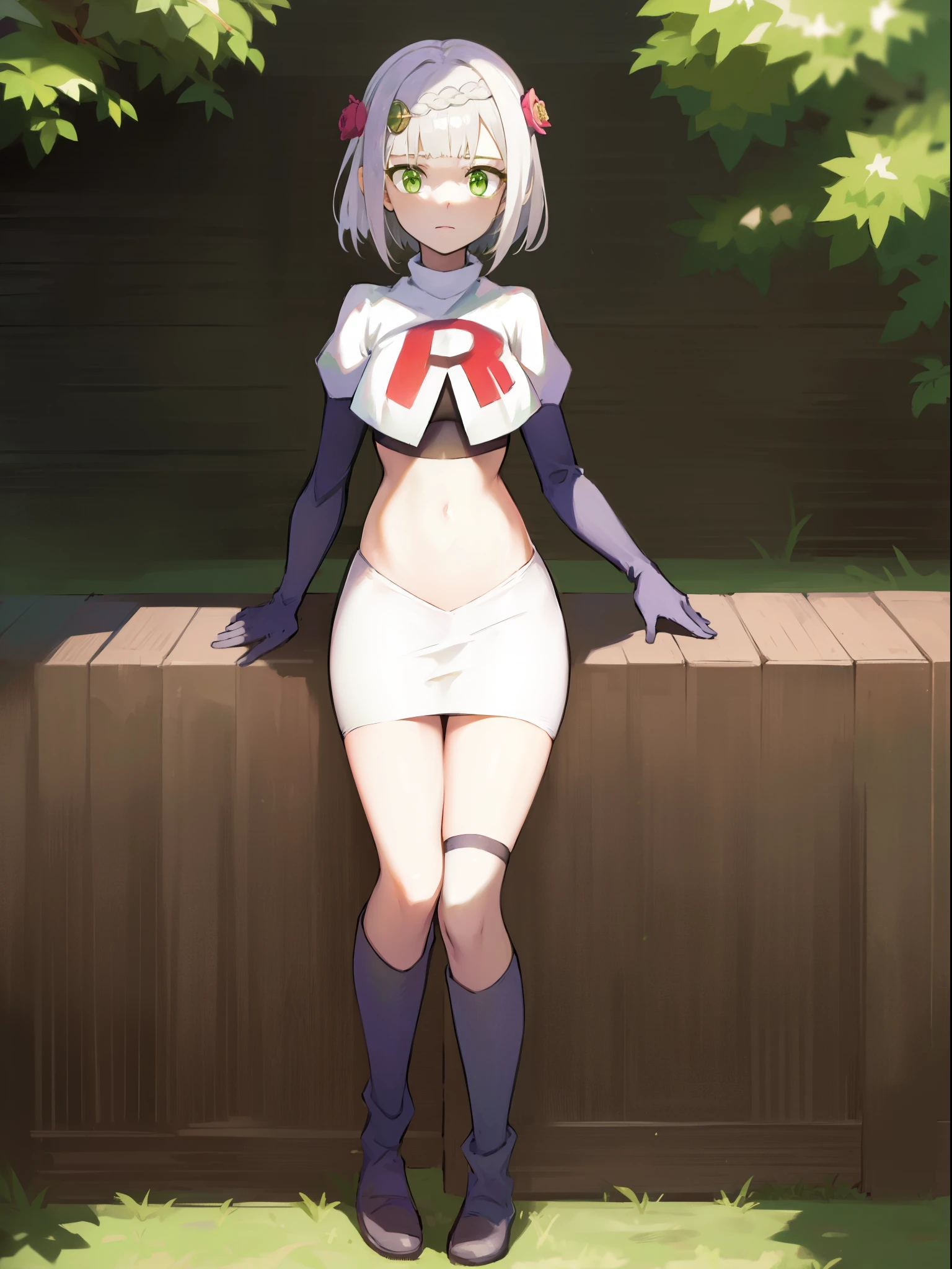 genshinnoelle, noelle, braid, flower, hair flower, hair ornament, short hair, silver hair, (green eyes:1.5),team rocket,team rocket uniform,white skirt,crop top,black thigh-high boots,black elbow gloves,