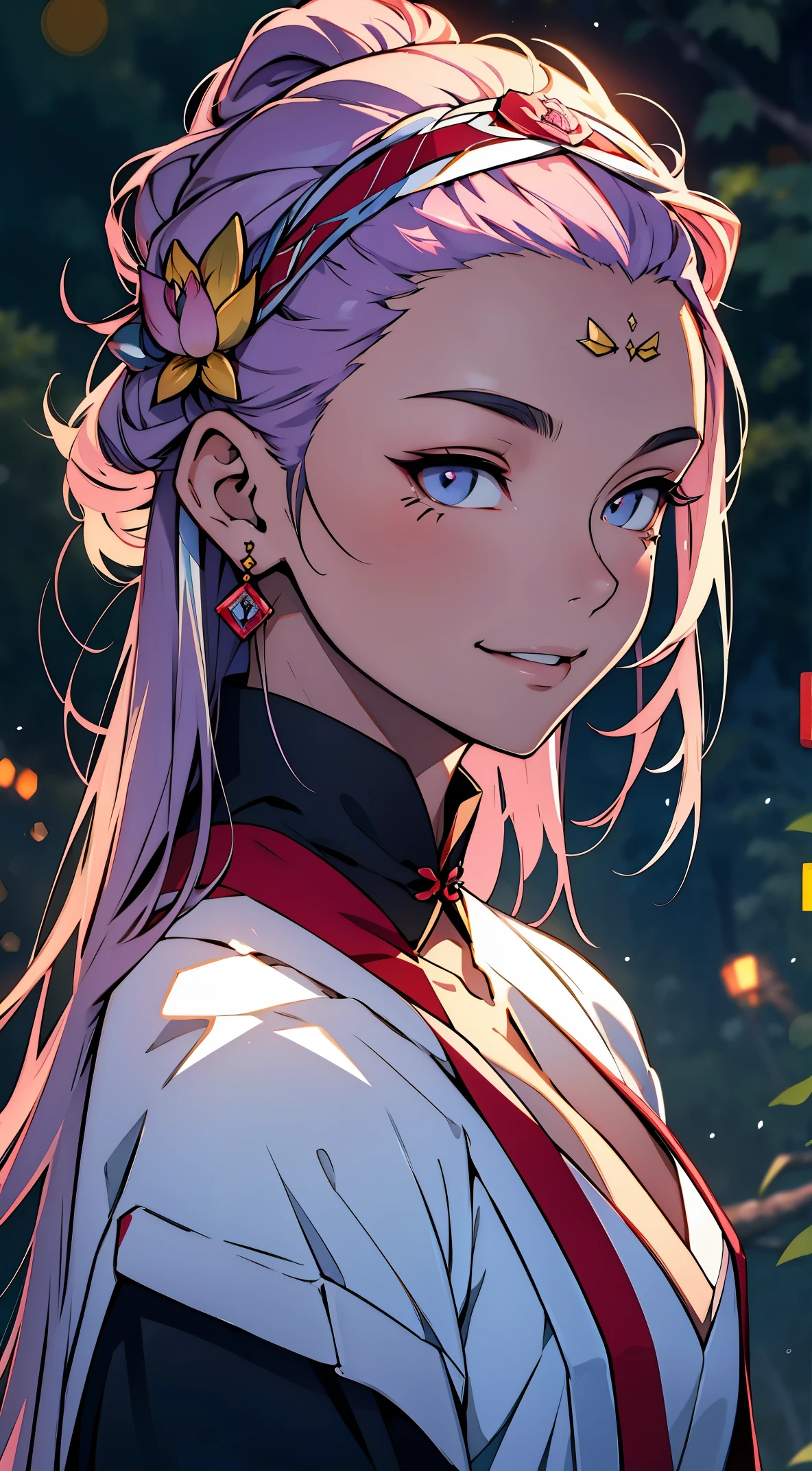 qualidade soberba, master part, High Resolutiem, 1girl, corar, (sorriso sedutor: 0.8), pupila estrela, Chinese Hanfu Lilac, Hair accessories, colar, jewelries, beleza, em_corpo, Efeito Tyndall, realismo, Lotus Pemd, borda de luz, Two-teme Lighting, (pele de alto detalhe: 1.2), 8k UHD, DSLR, luz suave, alta qualidade, Volume Lighting, candid photo, High Resolutiem, 4k, 8k, Fundo bokeh
