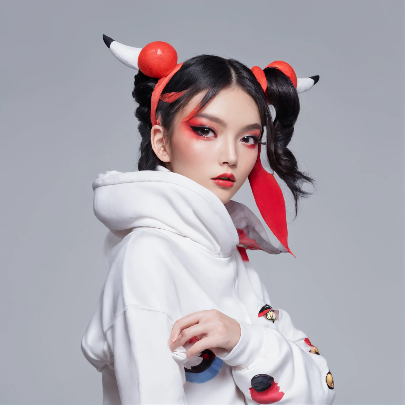 1girl, Chinese model, dressed in a Pokémon onesie, heavy makeup, pigtails