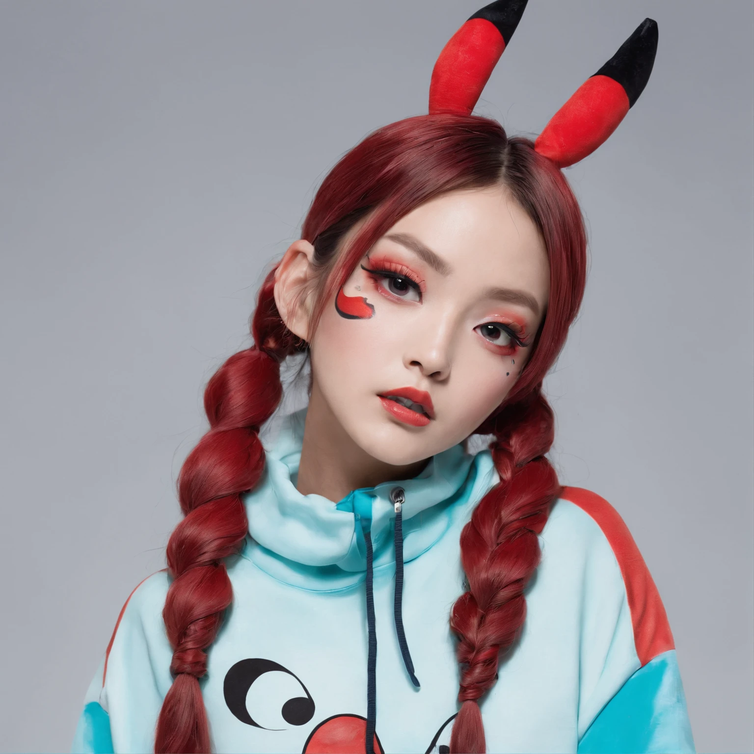 1girl, Chinese model, dressed in a Pokémon onesie, heavy makeup, pigtails