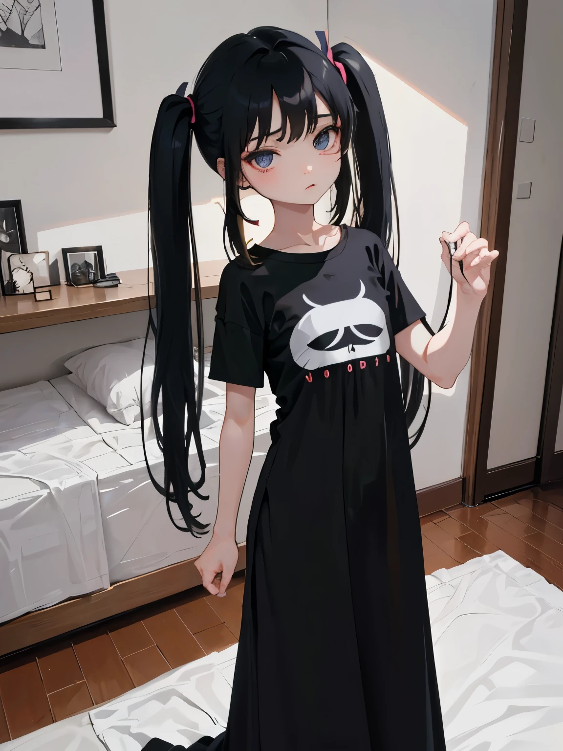 (masterpiece,Highest Quality),(child),((Long T-shirt,Thin dress)),(A dark-haired,long twintail),sleepy expression,Delicate body
