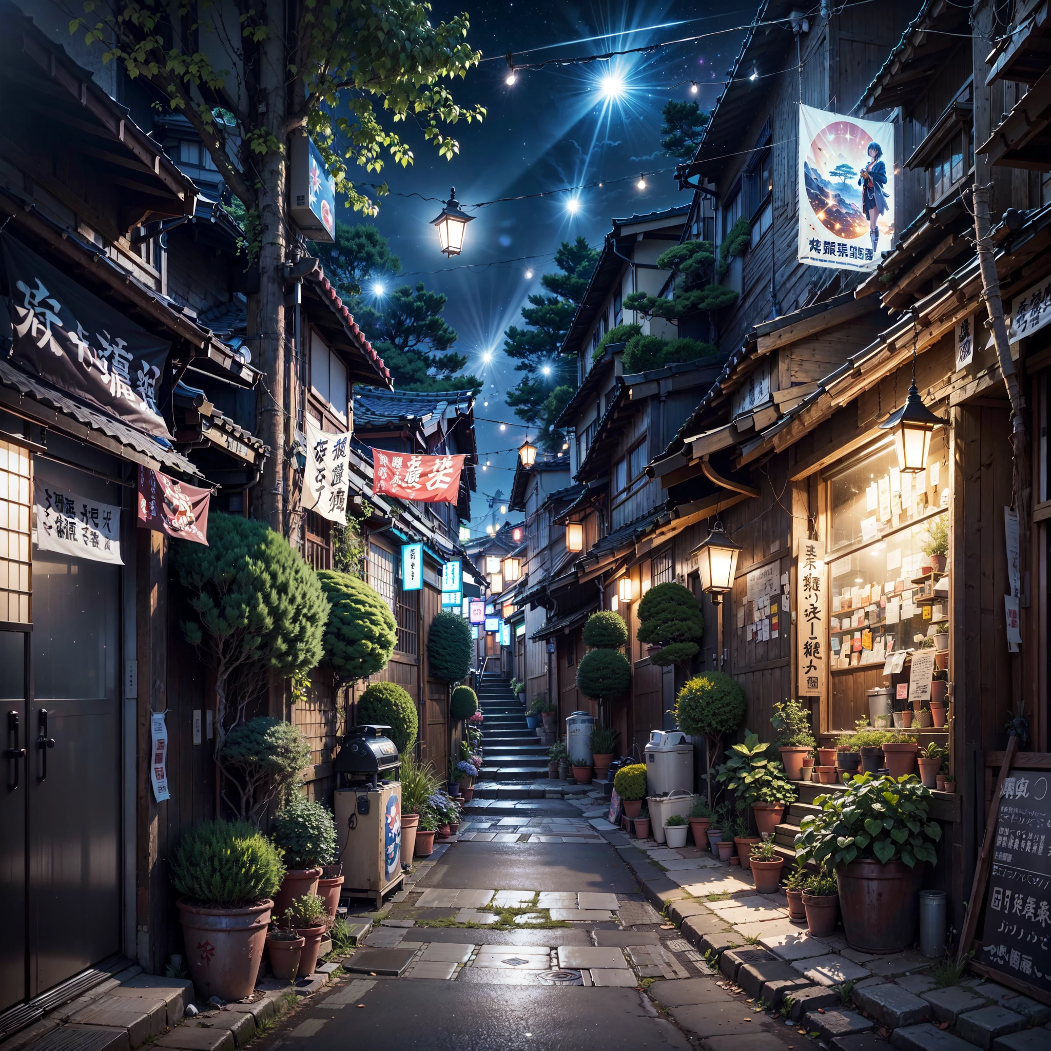 high detail, anime, anime style, sparkle, cinematic lighting, god rays, glowing light, reflection light, close-up, lens flare, masterpiece, high details, best quality, super detail, high quality, anime background, anime wallpaper, sunny weather, bright blue sky, dramatic lighting, narrow japanese  alleyway, japanese shop signs, japanese signs, japanese banners, banners, plant pots, plants, trees, grass, cobble path, trash cans, nigh time, dark, street lights, stars, (realistic,photorealistic:1.37),
