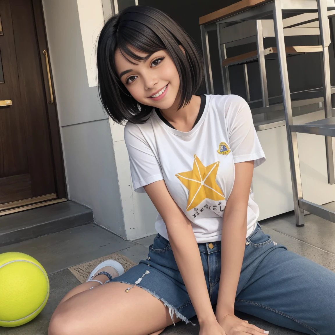 hemosa chica adolesente morena , hermosa chica latina,  ,una mujer joven con cabello corto negro , cabello corto hasta los hombros, ojos verdes, pelo corto hasta los hombros, fomdo variado , pecas en mejillas , usa una playera blanca de manga corta con imagen de estrella, camiseta blanca con imagen de estrella , falda negra , linda falda negra  , calcetas blancas , tenis verdes , linda sonrisa , maquillaje ,con una gran cantidad de detalles, Best Cinematography, obra maestra, luz cinematografica, sonriente, feliz, cuerpo completo , fuera de escuela , tlh , stella