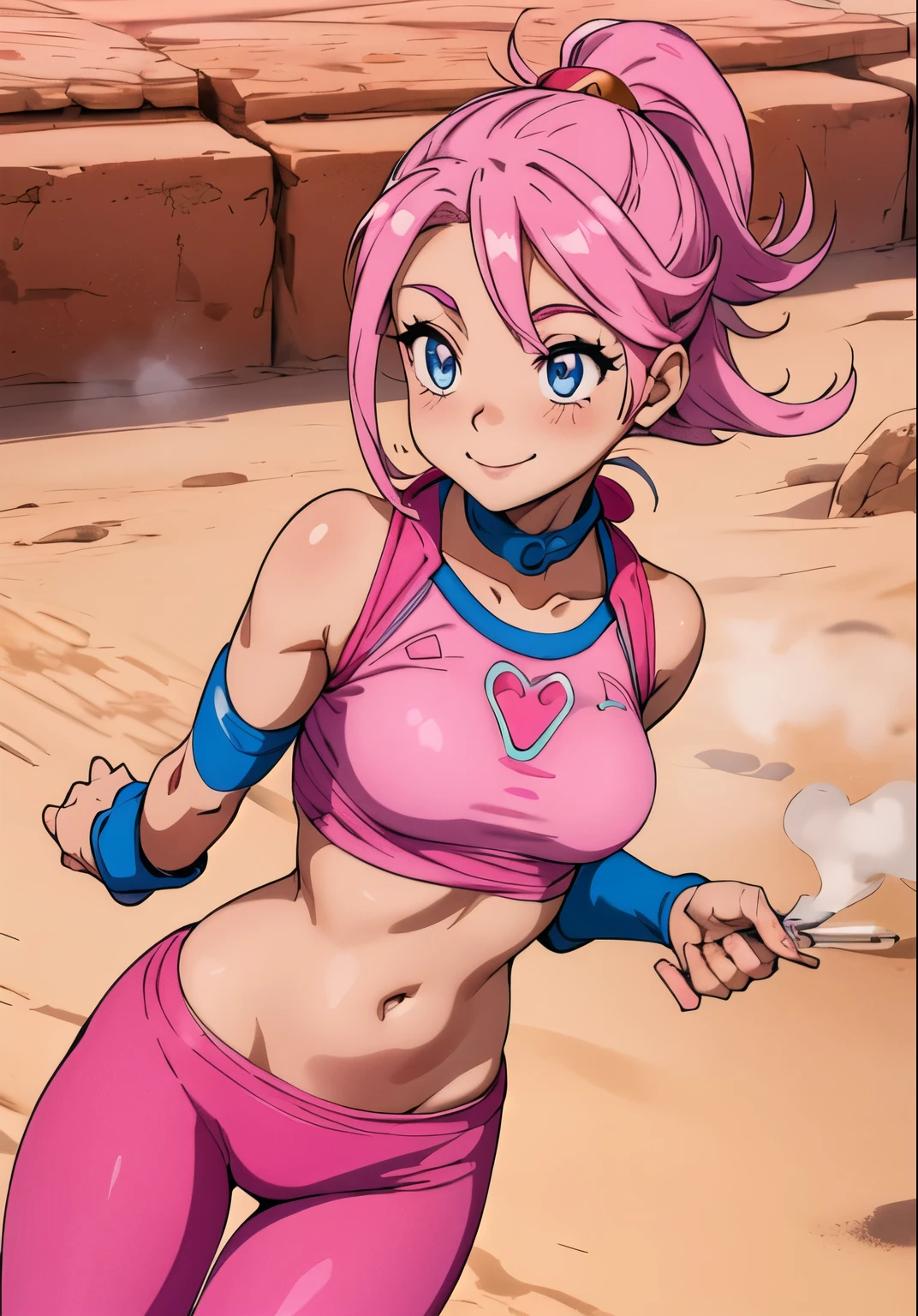 cute girl, Genie, Beautiful eyes, pink clothes, tied hair, beautiful smile, steam, Desert in the background