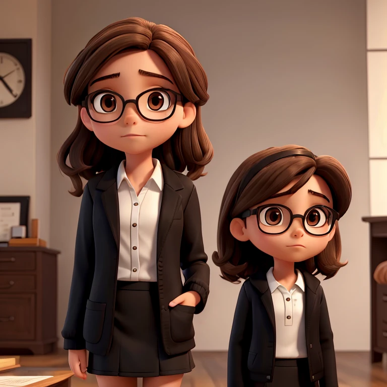 1girl, medium-length brown hair, brown eyes, glasses, open forehead, black jacket, white shirt, black skirt, uncertain look, says