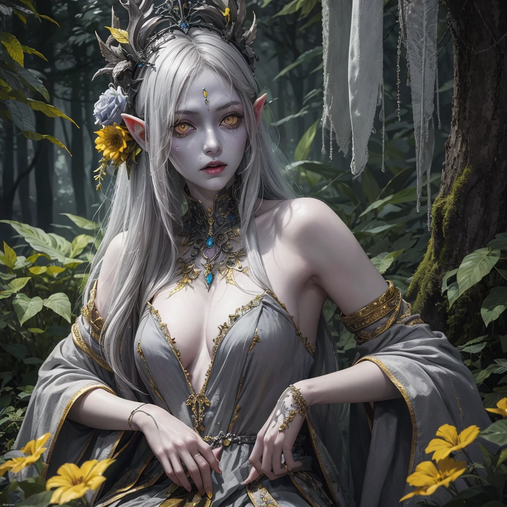 zombie woman with gray skin and yellow eyes deep depth, hyperintricate fantasy portrait, hyperrealistic, DSLR HDR, 64 megapixels | elven drow | gorgeous king fairytale forest maximalist