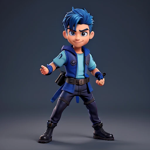 comic boy character, ninja-mask, hero pose, colete azul escuro, joelheiras azuis, bota militar, cabelos longos, hands open