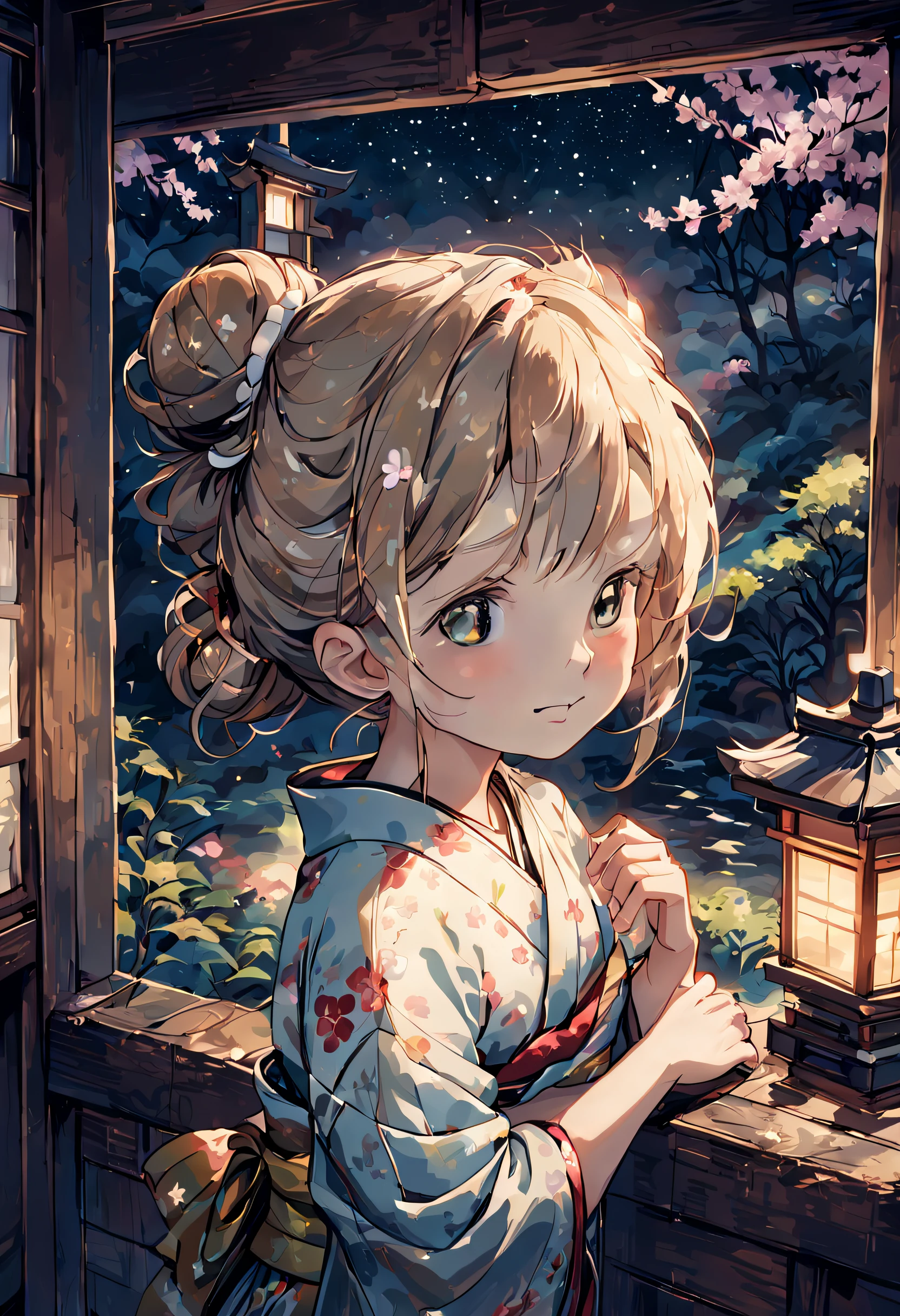 a cute Japanese girl，Hair accessories like duck constellations，perched on windowsill，Ao olhar para cima，The line of sight is from the bottom up；Girl with a playful smile and innocent eyes，Wear a traditional kimono，Vibrant colors，The pattern is complex，Tie your hair into a neat bun，Skin glows with health；Duck-like constellations look like tiny glowing stars，they seem to come alive，sparkle and move around her，Create a magical atmosphere；windows are made of translucent straw ，Soft light shines on the girl through the window&#39;s face and kimono，Cast soft shadows；Outside the window is a picturesque Japanese garden，Carefully trimmed bonsai tree inside，Blooming colorful flowers，There is also a peaceful carp pond reflecting the moonlight.；The garden is surrounded by a traditional wooden wall，In the distance stands a peaceful pagoda，Partially obscured by cherry blossom trees；The overall atmosphere is peaceful、Innocent and magical；Images will be presented in a soft and dreamy illustration style，Delicate brushwork and soft tones，Reminiscent of traditional Japanese watercolor painting。