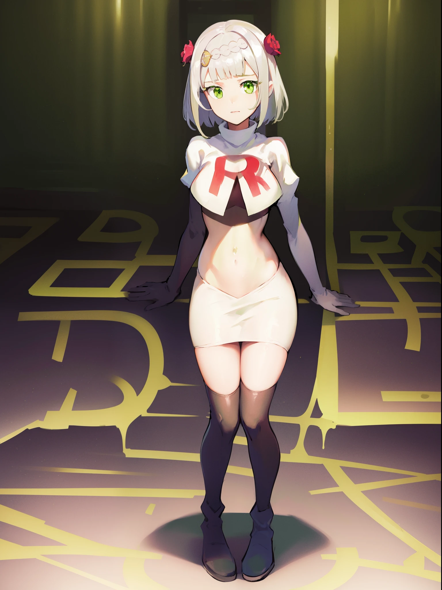 genshinnoelle, noelle, braid, flower, hair flower, hair ornament, short hair, silver hair, (green eyes:1.5),team rocket,team rocket uniform,white skirt,crop top,black thigh-high boots,black elbow gloves,