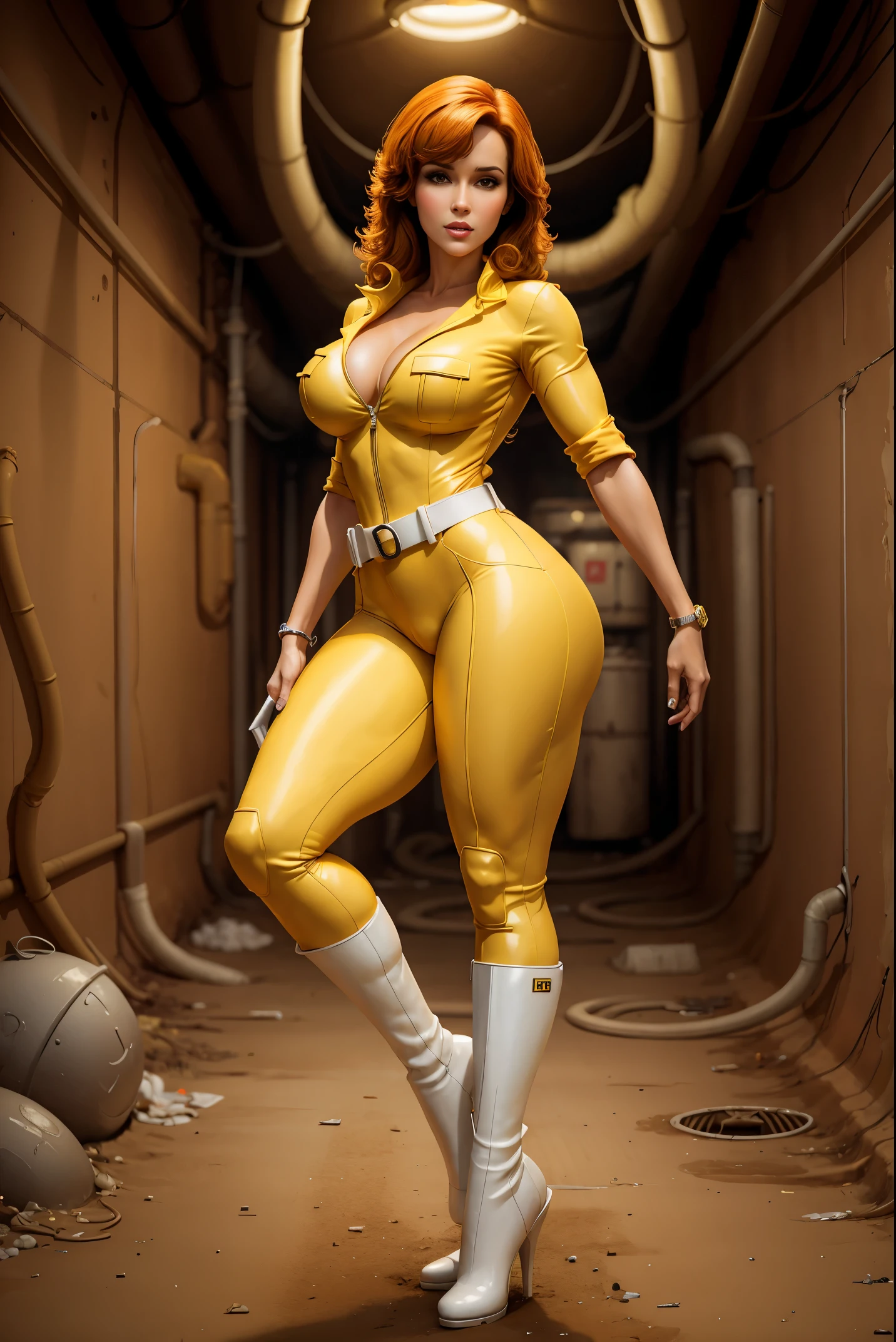 April O'Neil in a sultry pose, wearing a form-fitting yellow jumpsuit with a white belt and white boots. Dirty city background, underground sewer