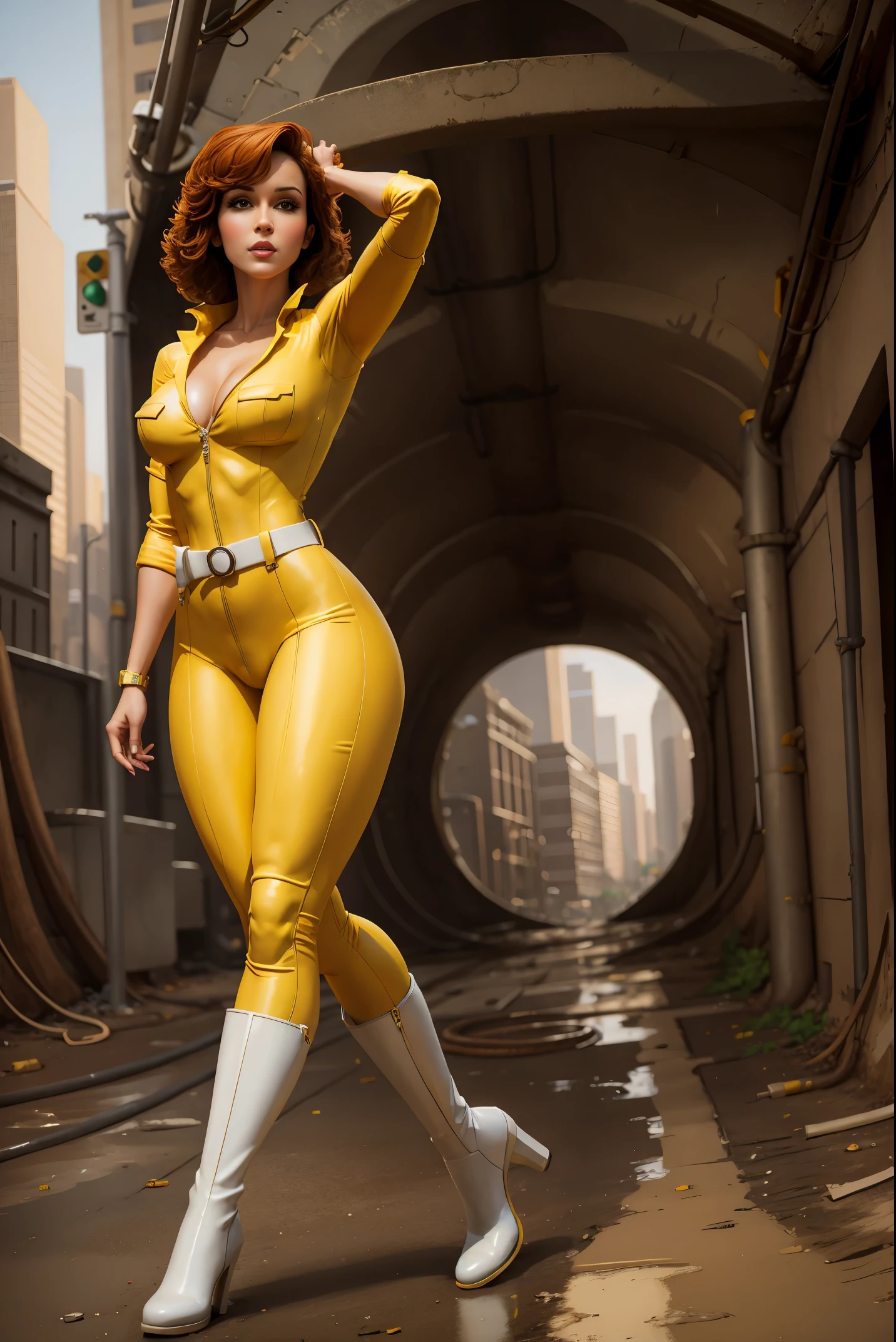 April O'Neil in a sultry pose, wearing a form-fitting yellow jumpsuit with a white belt and white boots. Dirty city background, underground sewer