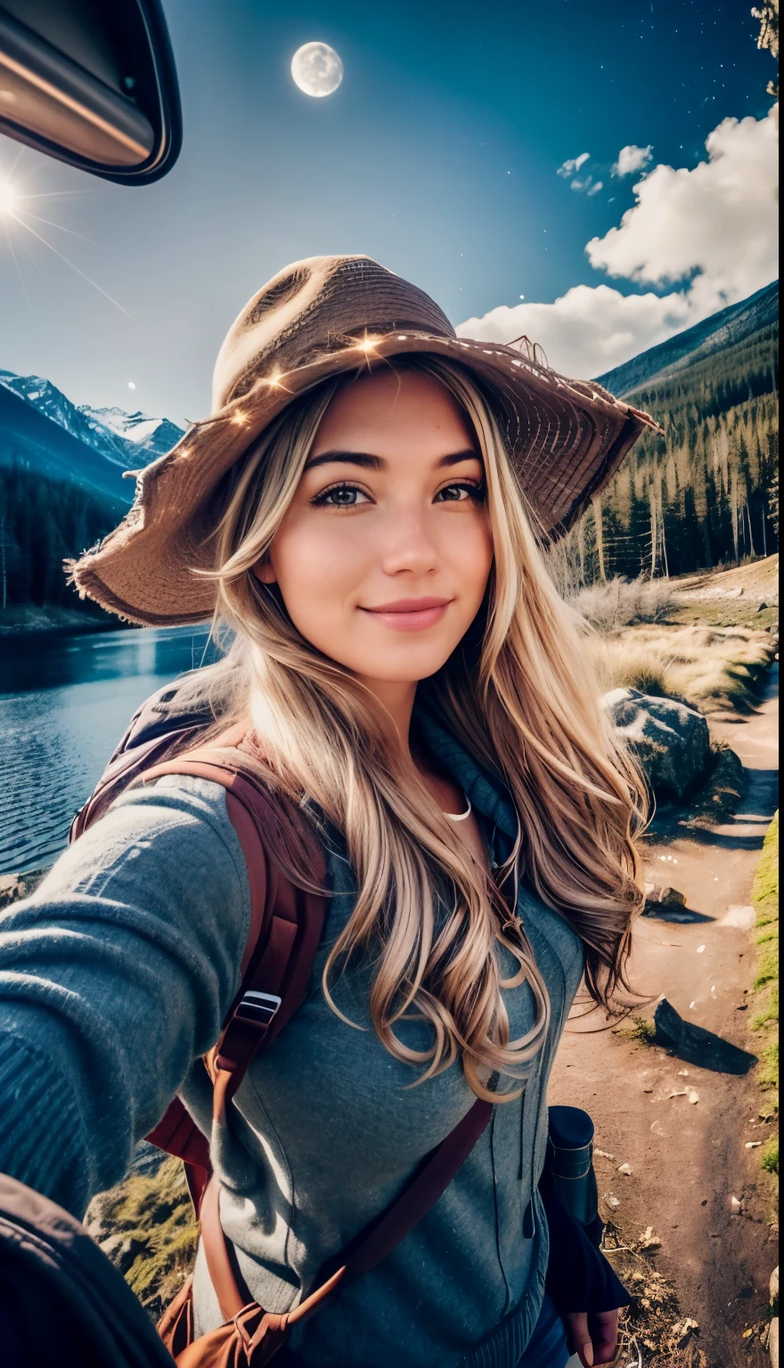 1girl in, 25, Solo, Long wavy hair, Colossal tits 30G, long messy windy blonde hair((upper body selfie, happy)), masterpiece, best quality, ultra-detailed, solo, outdoor, (night), mountains, nature, (stars, moon) cheerful, happy, backpack, sleeping bag, camping stove, bottle water, mountain boots, gloves, sweater, hat, lantern, forest, rocks, river, wood, smoke, shadows, contrast, clear sky, style (warm hue, warm tone): 1.2), close-up, cinematic light, side lighting, ultra high resolution, best shadow, RAW, upper body, wearing pullover kodak vision 3,