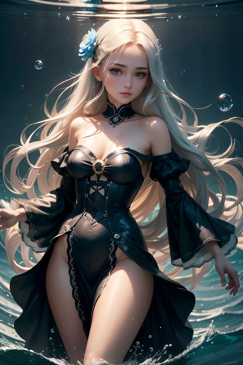 One character is a girl. The figure is full-length, standing half-turned, looking at the viewer. White skin, light long straight hair, waist length hair. Pleasant, pretty, sexy, slanted fox eyes, sweet smile. Magic in the hands, creates a water whirlwind, water sprites, in a circular motion, a water whirlpool in the hands. The magic of water. She is dressed in a blue lace dress, very short, moving to the rhythm of movement. Flowers, water, movement in a circle, one figure of a girl in the center., 02_ Atmosphere of the sea element, in blue tones, flowers, water, girl. High image quality. Wide format FUL HD. High detail, textures, fabrics, flowers, water, body, code, hair. Detailed, beautiful face. Sea light, reflection, refraction. Squeak, starfish, seabed. Unreal Engine, Cinematic 3D rendering. Epic character., blonde hair, hair flower, hair ornament, hair bobbles, x hair ornament, mole under eye, symbol-shaped pupils, sparkling eyes, Surrealism, Art Deco, high detail, Gothic art, depth of field, chiaroscuro, cinematic lighting, ray tracing, reflection light, backlighting, bloom, retina, masterpiece, ccurate, anatomically correct, textured skin, super detail, high details, high quality, award winning, 8k