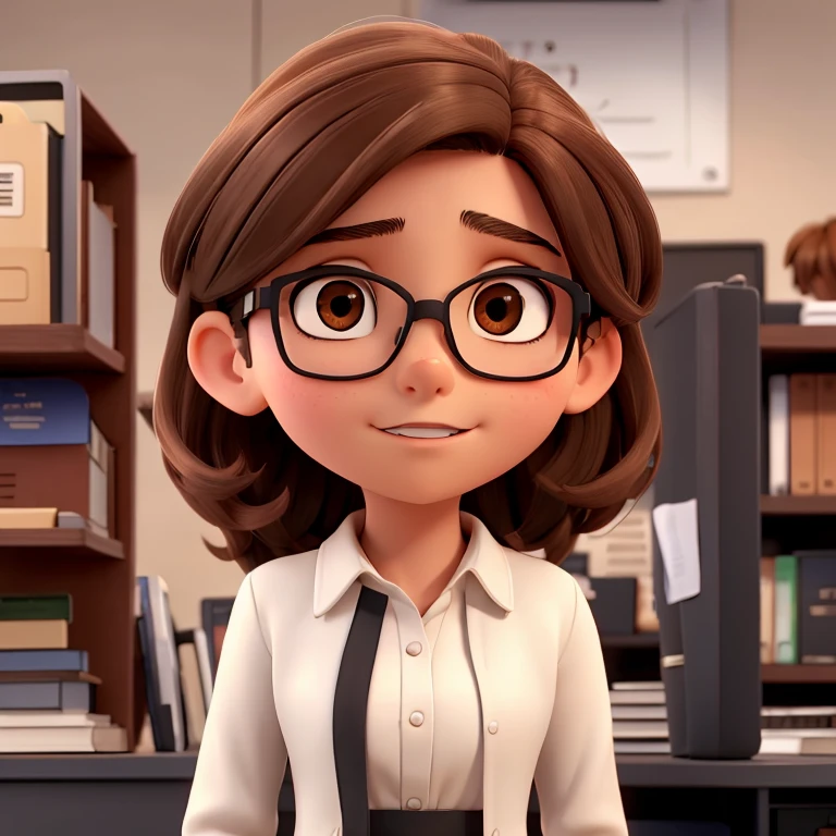 1girl, medium-length brown hair, brown eyes, glasses, open forehead, office outfit, black jacket, white shirt, black skirt, uncertain look, open mouth, no smile, telling something