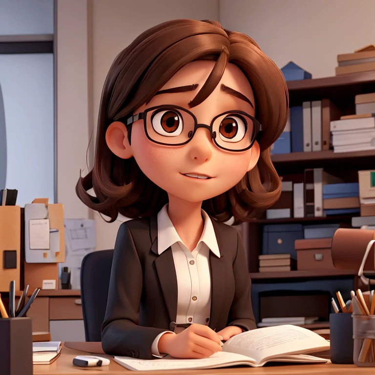 1girl, medium-length brown hair, brown eyes, glasses, open forehead, office outfit, black jacket, white shirt, black skirt, uncertain look, open mouth, no smile, telling something