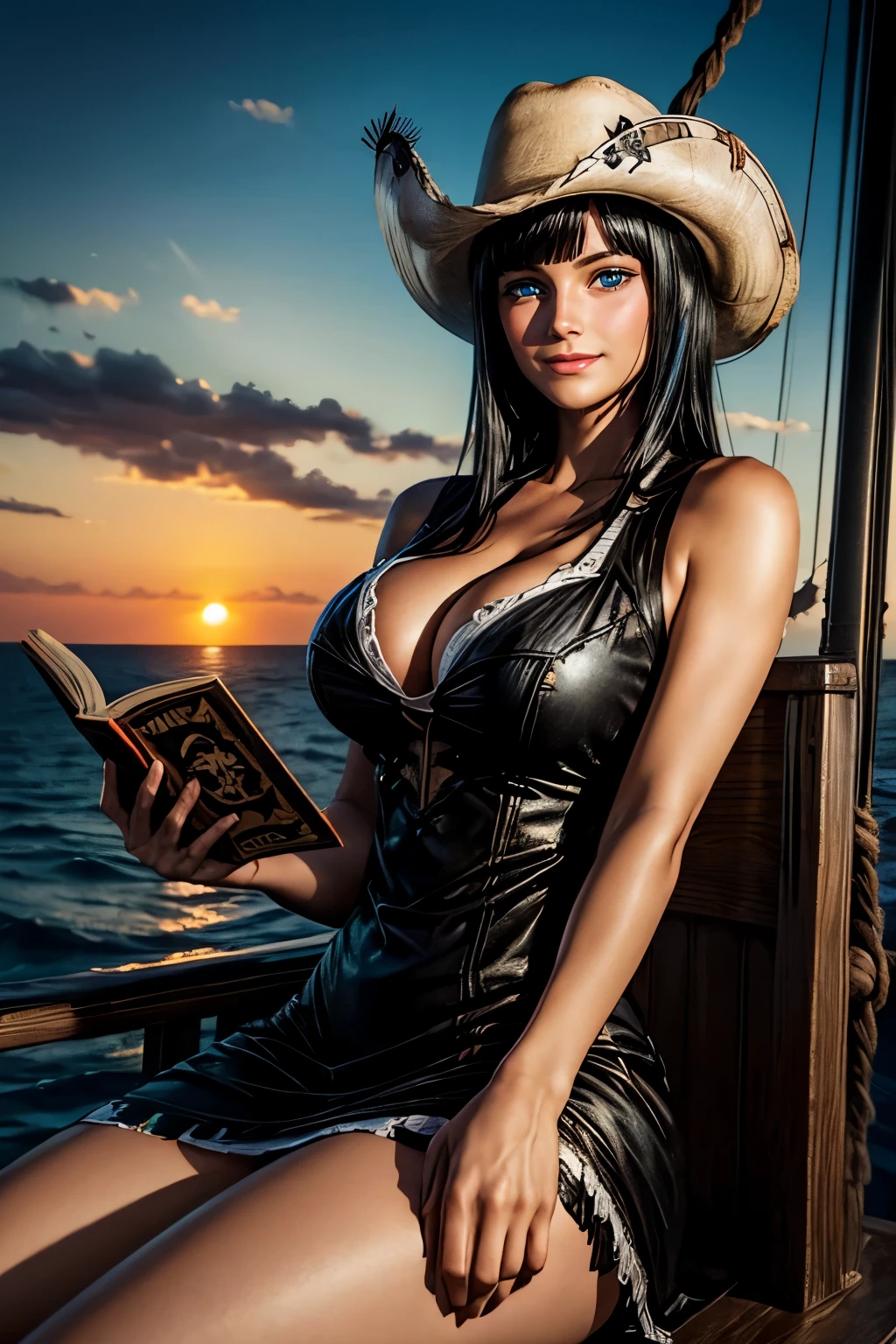 nico robin wearing classic short black dress lined with white, thick thighs, medium cleavage, bangs, cinematic, epic, shadow lighting, beautiful black hair. standing on a pirate ship at sea, beautiful orange sunset, sitting down reading a book cowboy hat