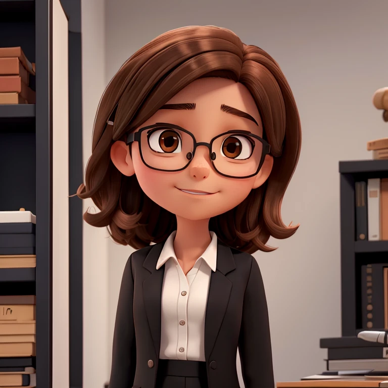 1girl, medium-length brown hair, brown eyes, glasses, open forehead, office outfit, black jacket, white shirt, black skirt, open mouth, no smile, telling something