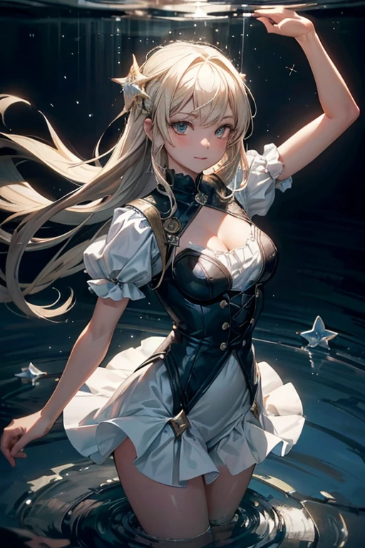 ((Best Quality)), (ultra-detailliert), ((Extremely detailed)), (Beautiful), ((Kawaii Girl)),(two side up hair)、((masutepiece)), ((Platinum Blonde Hair)), Long hair, hair between eye, Wavy Hair, Long sideburns, Jade-colored eyes, White skin, Colossal tits、(Rabbit ears), Slender body, ((Blue Playboy bunny)), Fishnet tights, High heels , ((Casino)), Standing, One Woman, Anime