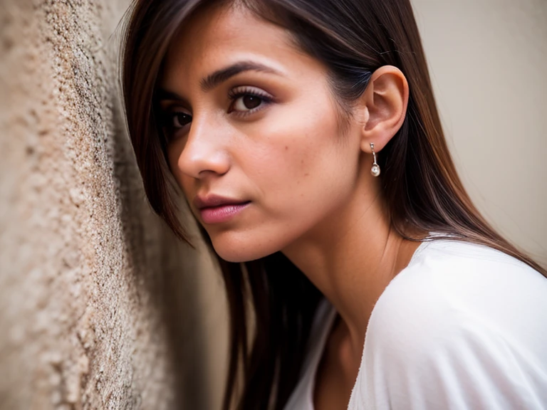 mulher latina, 25 anos, Profile position, Alegre, fundo branco, medium brown hair