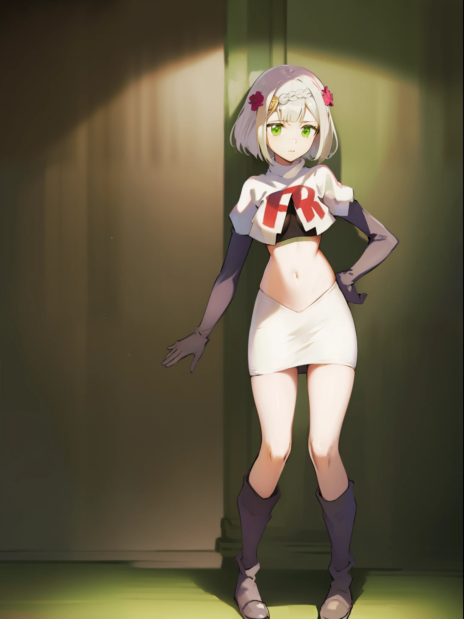 genshinnoelle, noelle, braid, flower, hair flower, hair ornament, short hair, silver hair, (green eyes:1.5),team rocket,team rocket uniform,white skirt,crop top,black thigh-high boots,black elbow gloves,