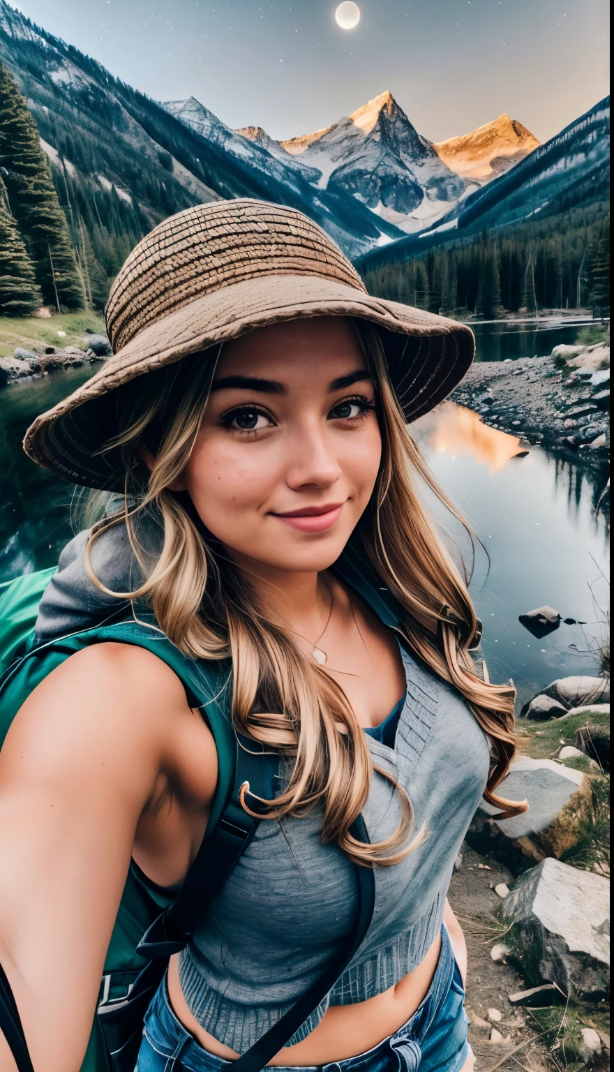 1girl in, age25, Solo, Long wavy hair, Colossal tits 30G, long messy windy blonde hair((upper body selfie, happy)), masterpiece, best quality, ultra-detailed, solo, outdoor, (night), mountains, nature, (stars, moon) cheerful, happy, backpack, sleeping bag, camping stove, bottle water, mountain boots, gloves, sweater, hat, lantern, forest, rocks, river, wood, smoke, shadows, contrast, clear sky, style (warm hue, warm tone): 1.2), close-up, cinematic light, side lighting, ultra high resolution, best shadow, RAW, upper body, wearing pullover kodak vision 3,