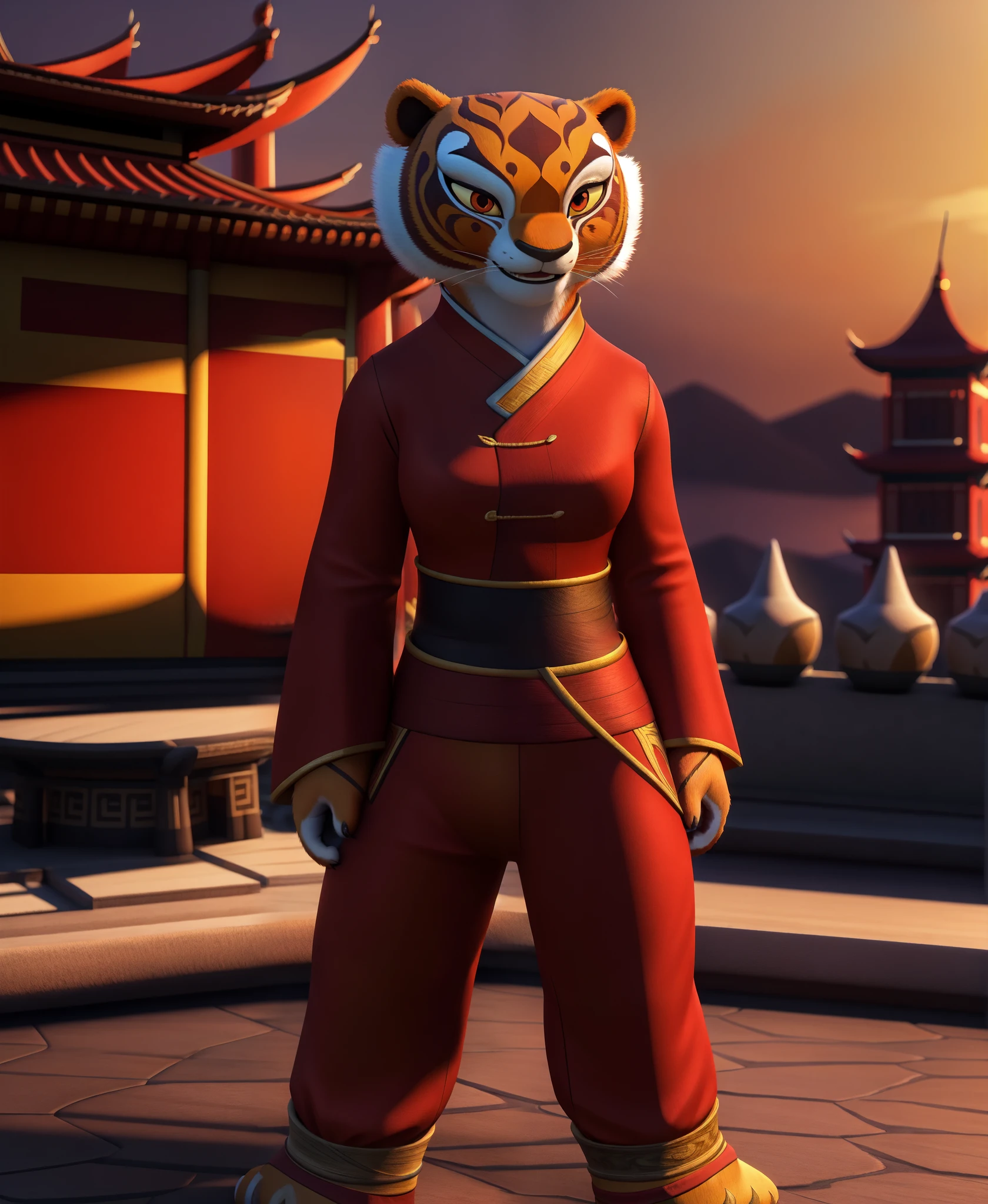 solo, female, master tigress, black kung fu clothes, standing, chinese castle, full body, high quality, 8k, 3d, dreamworks style, cinematic, perfect face