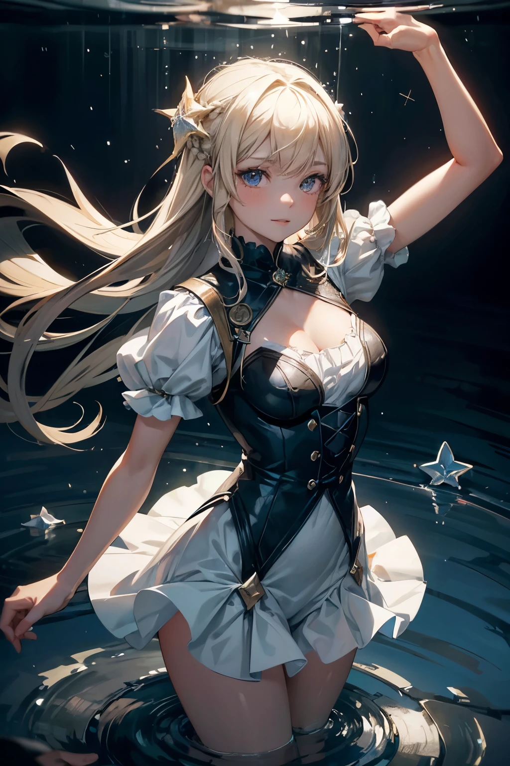 (Ultra extreme detailed),(Masterpiece),(Ultra extreme),(Realistic),CG,(color:1.2), Strong lighting,Light from behind,evaluation:Safety,alone, black,Blonde twin tails,length hair,blue eyes,white_gloves,garter_strap,absolute_ryouiki,Pleats_skirt,white_skirt,blackcolorストーキング,expensive_Heel,white shrite,length_sleeve,black_Cape,short_whiteいショートドレス,Shoulder guard、Lace on chest、Eye mask、Holding a sword