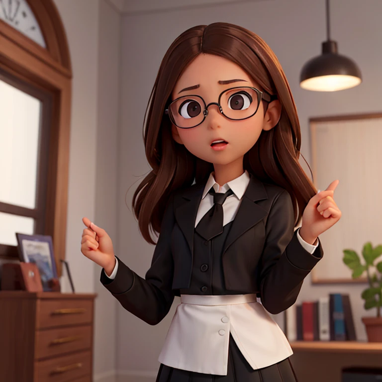 1girl, medium-length brown hair, brown eyes, glasses, open forehead, office outfit, black jacket, white shirt, black skirt, (uncertain look, open mouth, no smile), telling something