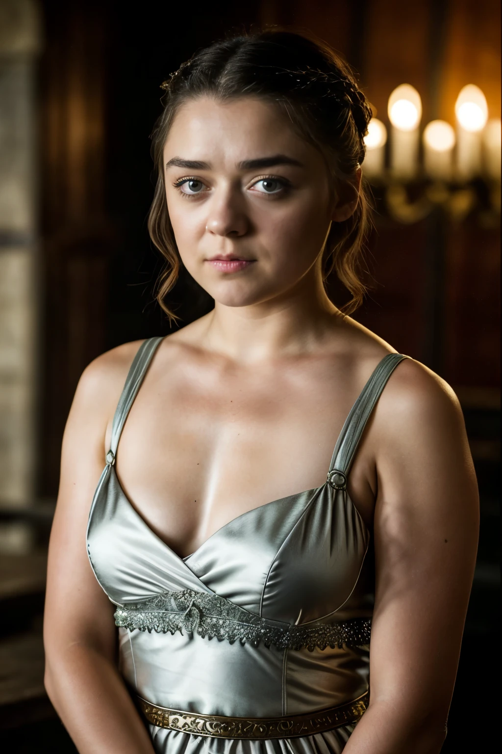 Foto RAW, Arya Stark, Extremely gorgeous lady, Arya Stark PLAYED BY MAISIE WILLIAMS, Queen Arya Stark, she is a mature woman now, milf, pierced eyes, sexy mediaeval battle dress, gladiator woman, body, 45 years old Woman, body revealing costumes, perky breast, big natural breast, erotic costumes, lusty physique, seductive figure can capture every people's attention, Game of thrones costumes, revealing captivating figure, Mediaeval costumes, revealing clothes, A tomboy, she would rather fence than dance, warrior queen , game of thrones screen caps, Game of Thrones Series, (pele altamente detalhada: 1.2), 8k UHD, DSLR, soft-lighting, alta qualidade, grain of film, Fujifilm XT3, flawless picture, highly detailed, detailed Beauty, intricate, 32k, sharp picture, detailed armpits, armpits hair, armps up, arms wide open, sweaty body, sweat,