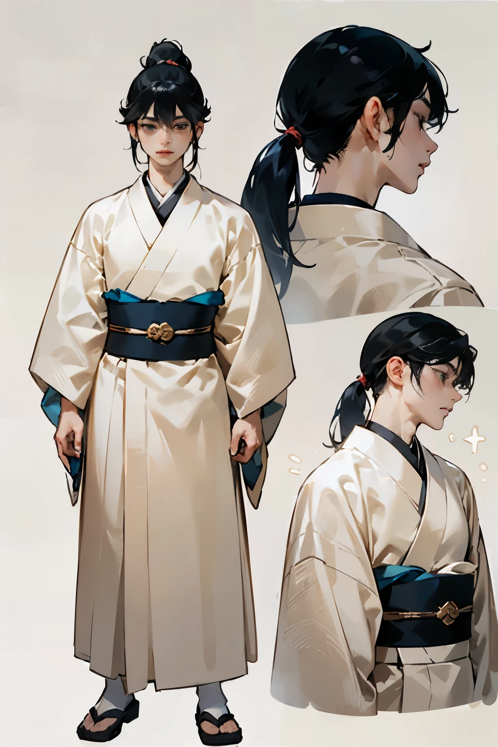 【【character chart, tachi-e】】((Best quality at best)), ((tmasterpiece)), , It's a perfect face((male people)),Black-haired young man,长Low ponytail,Hair fluttering,delicated face,Eyes of good quality,Low ponytail,フォトリアリスティック, beautidful eyes, Dappled light and shadow, ,,Cute action,white backgrounid, reference sheet, escala cinza,Standing picture,Three View,日本Libido boy,White kimono,Pale color,Libido boy,1 whole body