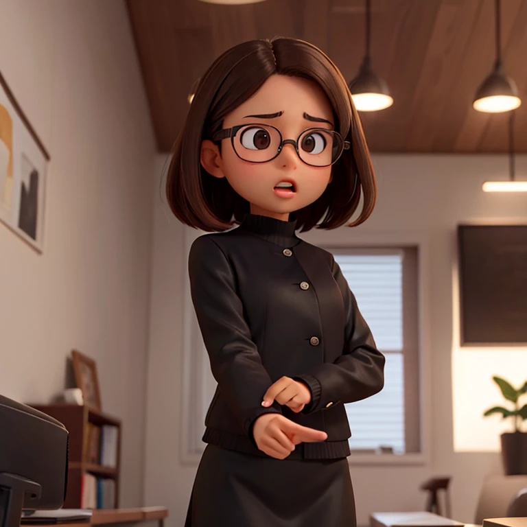 1girl, medium-length brown hair, brown eyes, glasses, open forehead, office outfit, black jacket, white shirt, black skirt, (uncertain look, open mouth, no smile), telling something