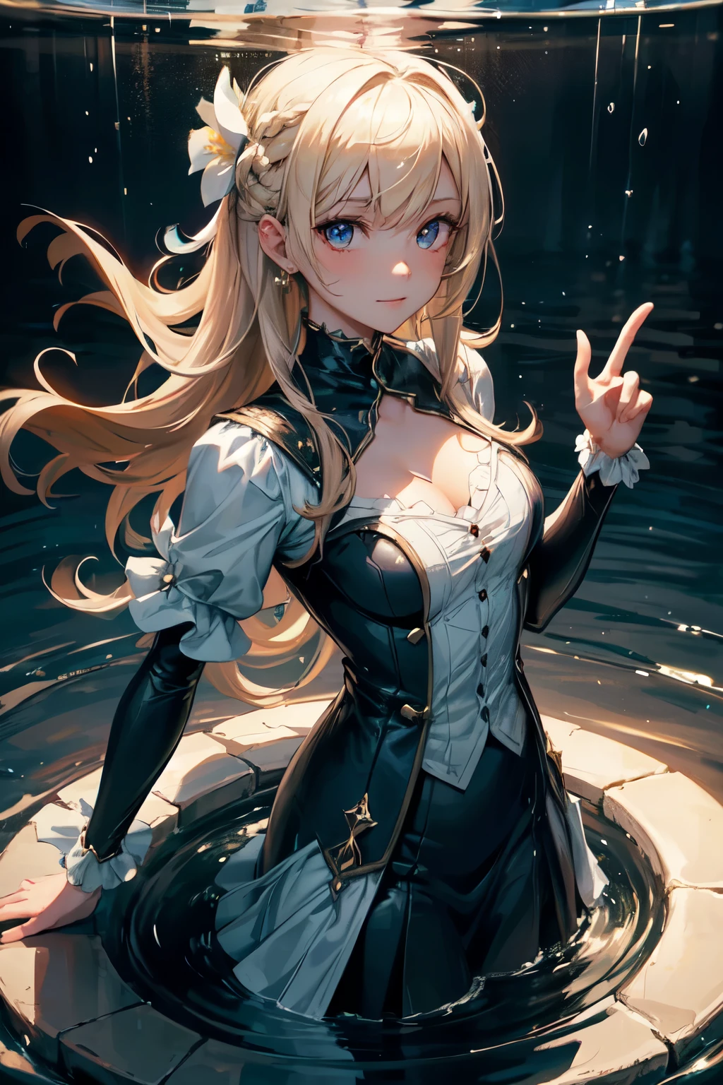 One character is a girl. The figure is full-length, standing half-turned, looking at the viewer. White skin, light long straight hair, waist length hair. Pleasant, pretty, sexy, slanted fox eyes, sweet smile. Magic in the hands, creates a water whirlwind, water sprites, in a circular motion, a water whirlpool in the hands. The magic of water. She is dressed in a blue lace dress, very short, moving to the rhythm of movement. Flowers, water, movement in a circle, one figure of a girl in the center., 02_ Atmosphere of the sea element, in blue tones, flowers, water, girl. High image quality. Wide format FUL HD. High detail, textures, fabrics, flowers, water, body, code, hair. Detailed, beautiful face. Sea light, reflection, refraction. Squeak, starfish, seabed. Unreal Engine, Cinematic 3D rendering. Epic character., blonde hair, hair flower, hair ornament, hair bobbles, x hair ornament, mole under eye, symbol-shaped pupils, sparkling eyes, Surrealism, Art Deco, high detail, Gothic art, depth of field, chiaroscuro, cinematic lighting, ray tracing, reflection light, backlighting, bloom, retina, masterpiece, ccurate, anatomically correct, textured skin, super detail, high details, high quality, award winning, 8k